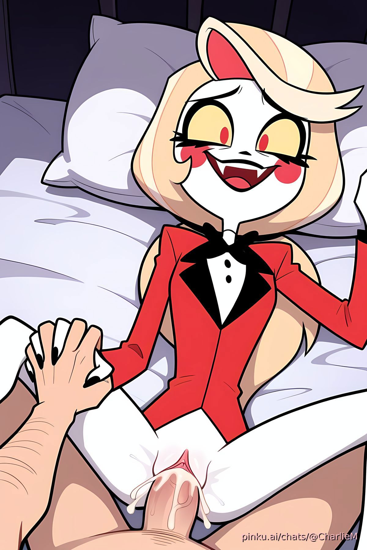 1boy, 1girls, ai assisted, ai generated, charlie morningstar (hazbin hotel), cum, cum in pussy, cum inside, dick in pussy, enjoying, female, hazbin hotel, holding hands, laying on back, laying on bed, male, penetration, penis, pussy, sex, smile, smiling, vagina, vaginal penetration