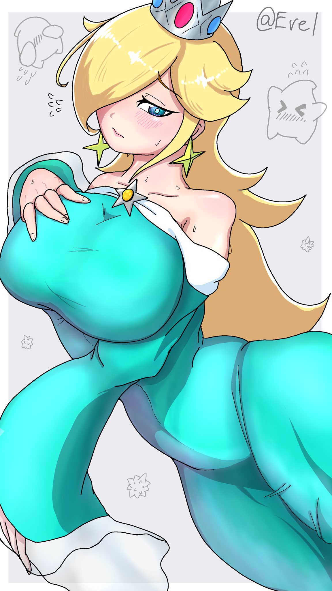 1girls, aqua dress, artist request, bare shoulders, blonde hair, blue eyes, blush, breasts, crown, curvy, dress, earrings, hair over one eye, huge breasts, jewelry, long hair, long sleeves, looking at viewer, mario (series), nintendo, off shoulder, princess rosalina, rosalina, solo, star (symbol), star earrings, sweat, wide sleeves