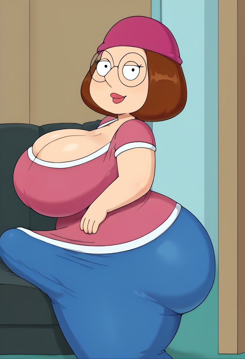 ai generated, ass, breasts, brown hair, chubby, cleavage, erection, family, family guy, fat, fully clothed, futa only, futanari, glasses, huge ass, huge breasts, huge bulge, intersex, jpstimes12, looking at viewer, meg griffin, side view