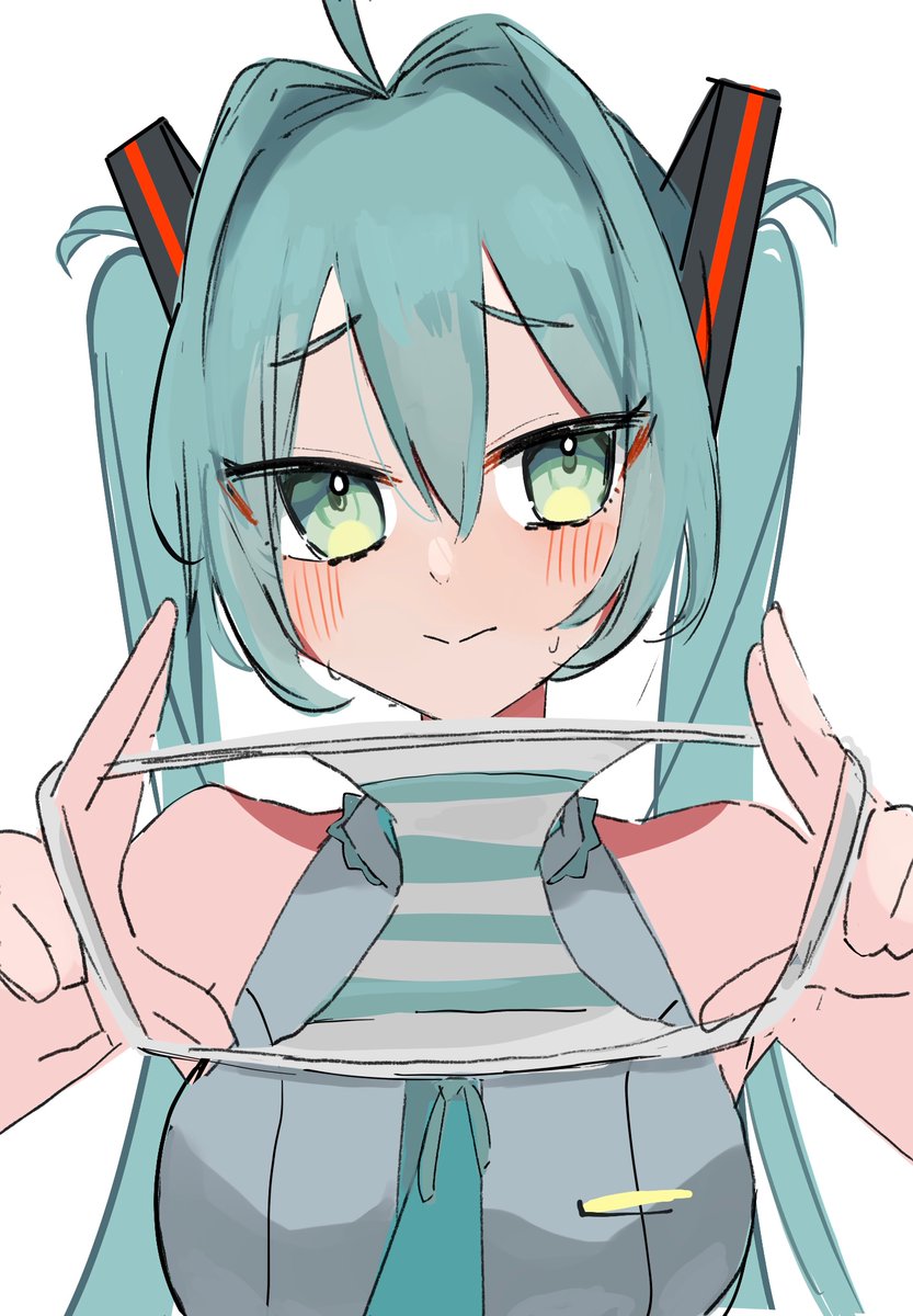 1girl, 1girls, aqua eyes, aqua hair, aqua necktie, bare shoulders, blue eyes, blue hair, blue panties, blush, closed mouth, embarrassed, female, green eyes, grey shirt, hair between eyes, hair ornament, hatsune miku, holding, holding clothes, holding panties, holding underwear, horny, horny female, long hair, looking at viewer, necktie, panties, panties showing, presenting, presenting panties, shaded, shirt, showing panties, simple background, sleeveless, sleeveless shirt, solo, striped, striped panties, sweat, sweating, twintails, underwear, upper body, vocaloid, white background, yatsuwo emiya
