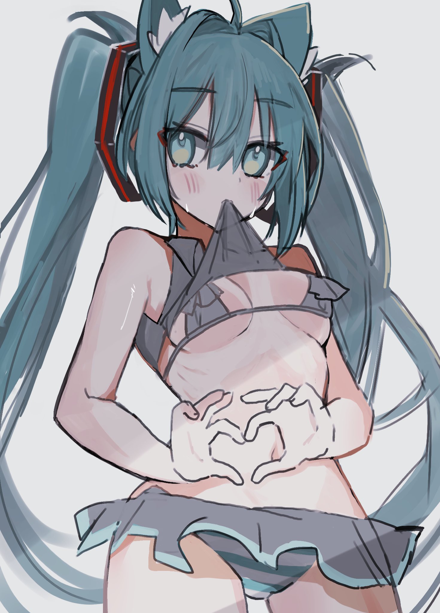 1girl, ahoge, animal ears, aqua eyes, aqua hair, bikini, blue eyes, blue hair, blue panties, blush, breasts, cat ears, clothes in mouth, clothes lift, cowboy shot, eye contact, female, grey bikini, grey shirt, hair between eyes, hair ornament, hatsune miku, heart, heart hands, heart-shaped pupils, long hair, looking at viewer, miniskirt, mouth hold, navel, panties, shirt, shirt lift, shirt lift via mouth, simple background, sketch, skinny, skinny female, skirt, slim, slim waist, small breasts, small waist, solo, striped, striped bikini, swimsuit, thighs, twintails, very long hair, waist, white background, yatsuwo emiya