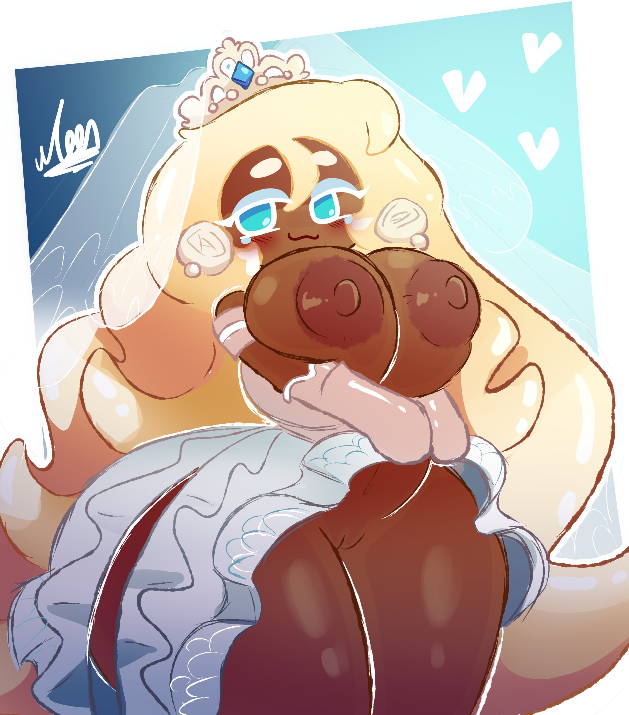 :3, 1girls, big breasts, blonde hair, blue-eyed female, breasts, color, cookie run, cookie run kingdom, crown, female, female focus, female only, heart, long hair, looking at viewer, moonlightdrawings, mozzarella cookie, nipples, pussy, twitter link, wide hips
