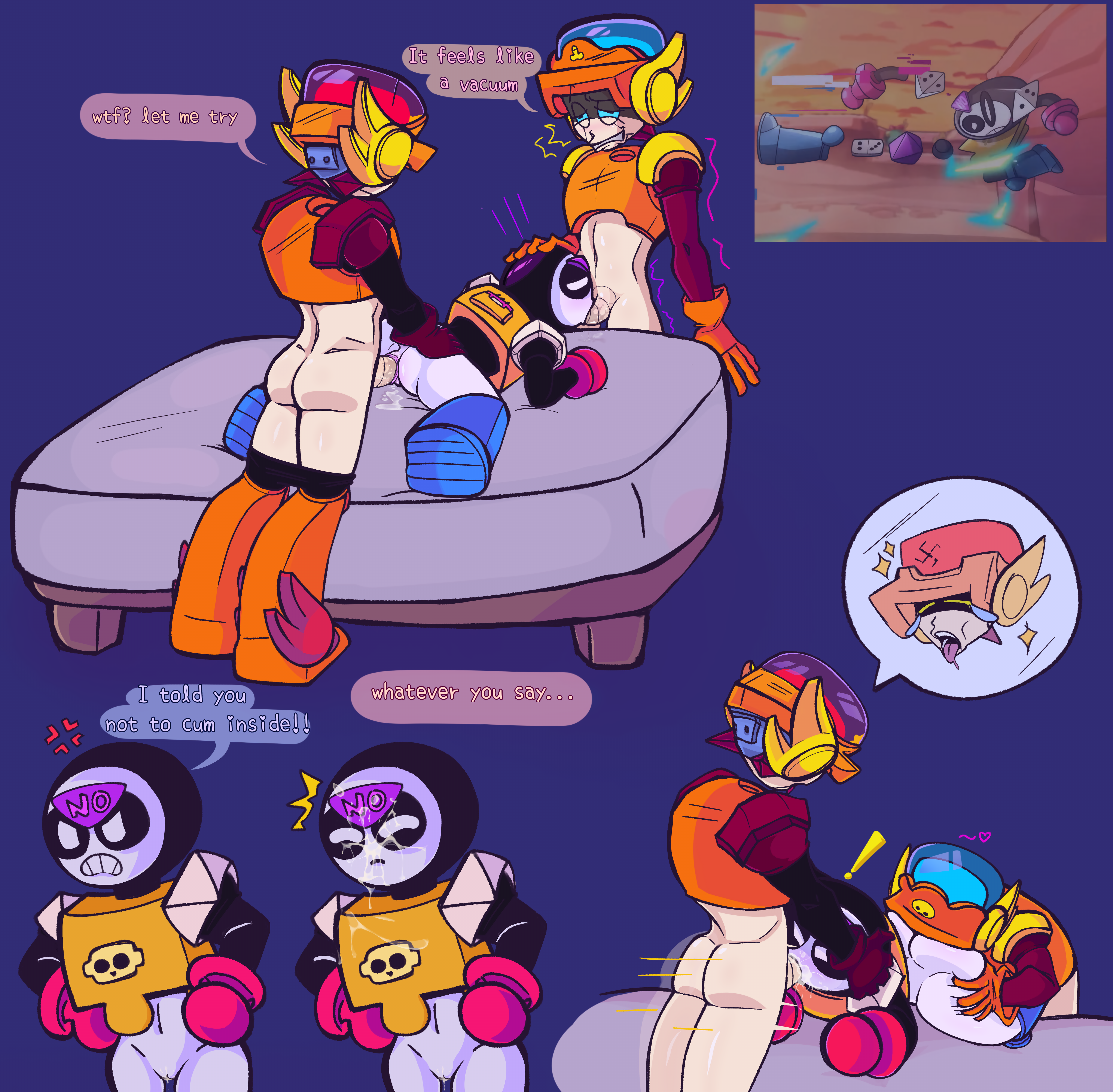 ass, ass grab, bed, brawl stars, cock, cum, cum inside, cum on face, cumming, cuntboy, digital drawing (artwork), digital media (artwork), ejaculation, english text, erection, fluids, funny, funny face, gay, heart symbol, intersex, larry (brawl stars), lawrie (brawl stars), licking ass, male, meeple (brawl stars), oral, oral sex, penetration, penis, pussy, self upload, shitpost, sucking, sucking penis, supercell, text, threesome, twins, vagina, vaginal penetration, vaginal sex, yarbeech