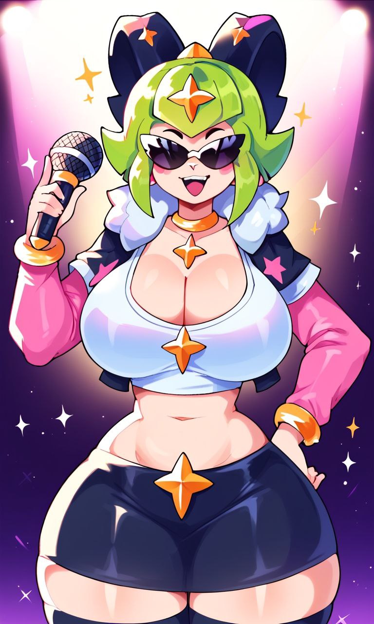 ai generated, big thighs, brawl stars, female, green hair, melodie (brawl stars), sexy pose