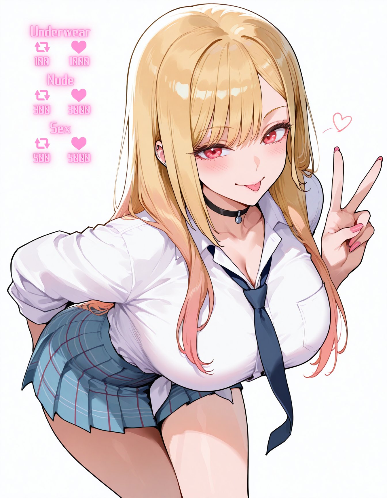 1girls, blonde hair, blonde to pink hair, blush, breasts, choker, cleavage, female, gyaru, heart, kitagawa marin, kogal, large breasts, long hair, miniskirt, necktie, pink eyes, school uniform, skirt, solo, sono bisque doll wa koi wo suru, tongue, tongue out, uniform, v, v sign