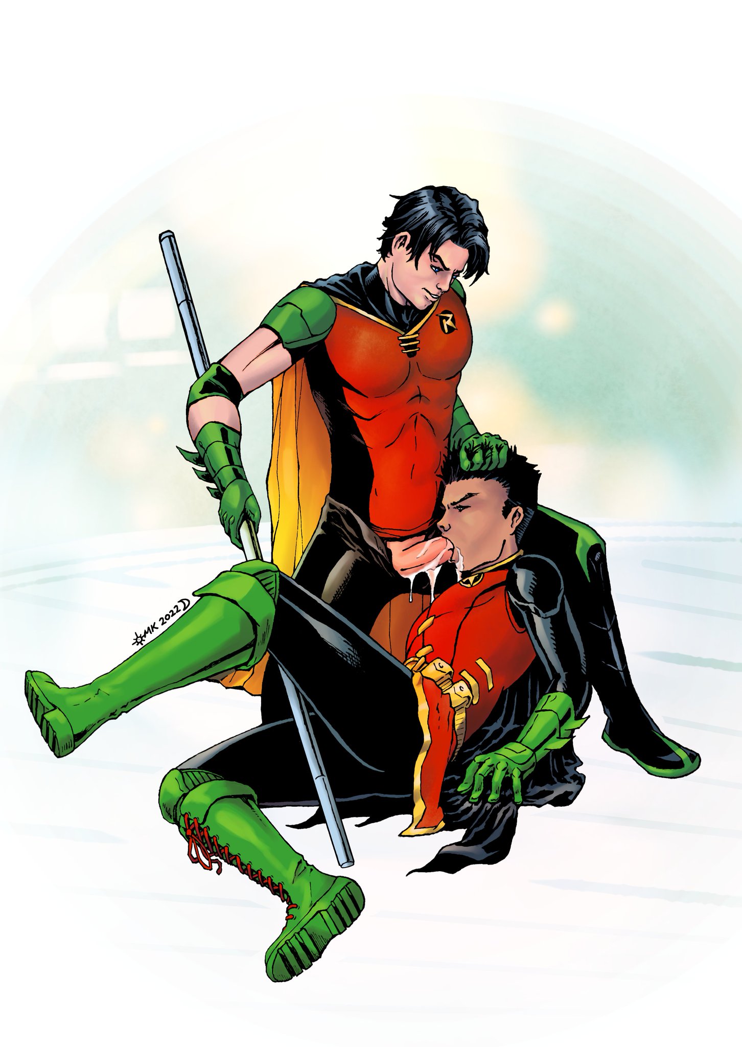 2boys, adoptive incest, adoptive siblings, age difference, batman (series), big penis, black hair, blowjob, blowjob face, brother, brother sucking brother, closed mouth, clothed male, clothed sex, clothing, cum, cum dripping down chin, cum dripping from penis, cum in mouth, cumming, cumming in mouth, damian wayne, dc, dc comics, deepthroat, digital media (artwork), duo, duo focus, face fucking, fellatio, forced, forced oral, gay, gay blowjob, gay incest, gay sex, human, implied deepthroat, implied fellatio, implied oral, implied sex, incest, male, male focus, male only, male penetrated, male penetrating, male penetrating male, male/male, mouth full of cock, nonconsensual, older penetrating younger, oral, oral rape, oral sex, orgasm, orgasm from oral, pants open, penis, penis in mouth, penis out, questionable consent, rape, raped, raped superhero, robin (damian wayne), robin (dc), robin (tim drake), sucking, sucking penis, superhero, superhero costume, teenage male, tim drake, younger male