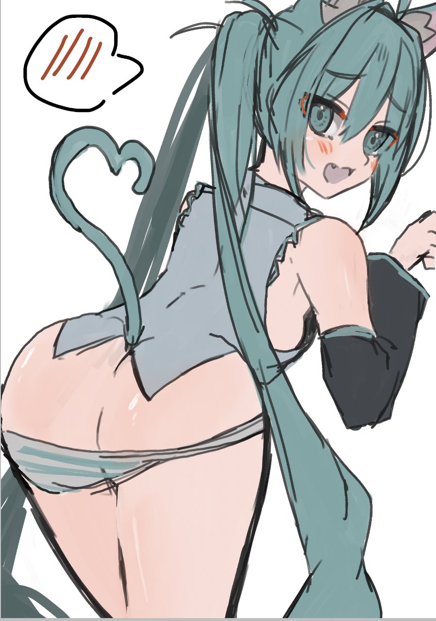 1girl, ahoge, animal ears, aqua eyes, aqua hair, armwear, ass, bangs, bare shoulders, bending, bending forward, bending over, black sleeves, blue eyes, blue hair, blue panties, blush, breasts, butt crack, cat ears, cat girl, cat tail, catgirl, detached sleeves, eye contact, fang, female, from behind, grey shirt, hair between eyes, hatsune miku, heart, heart ahoge, heart tail, kemonomimi mode, large ass, long hair, looking at viewer, looking back, no pants, open mouth, panties, panties down, paw pose, pov, presenting, presenting ass, shirt, sideboob, simple background, sketch, sleeveless, sleeveless shirt, solo, spoken blush, striped, striped panties, tail, thighs, twintails, underwear, very long hair, white background, yatsuwo emiya