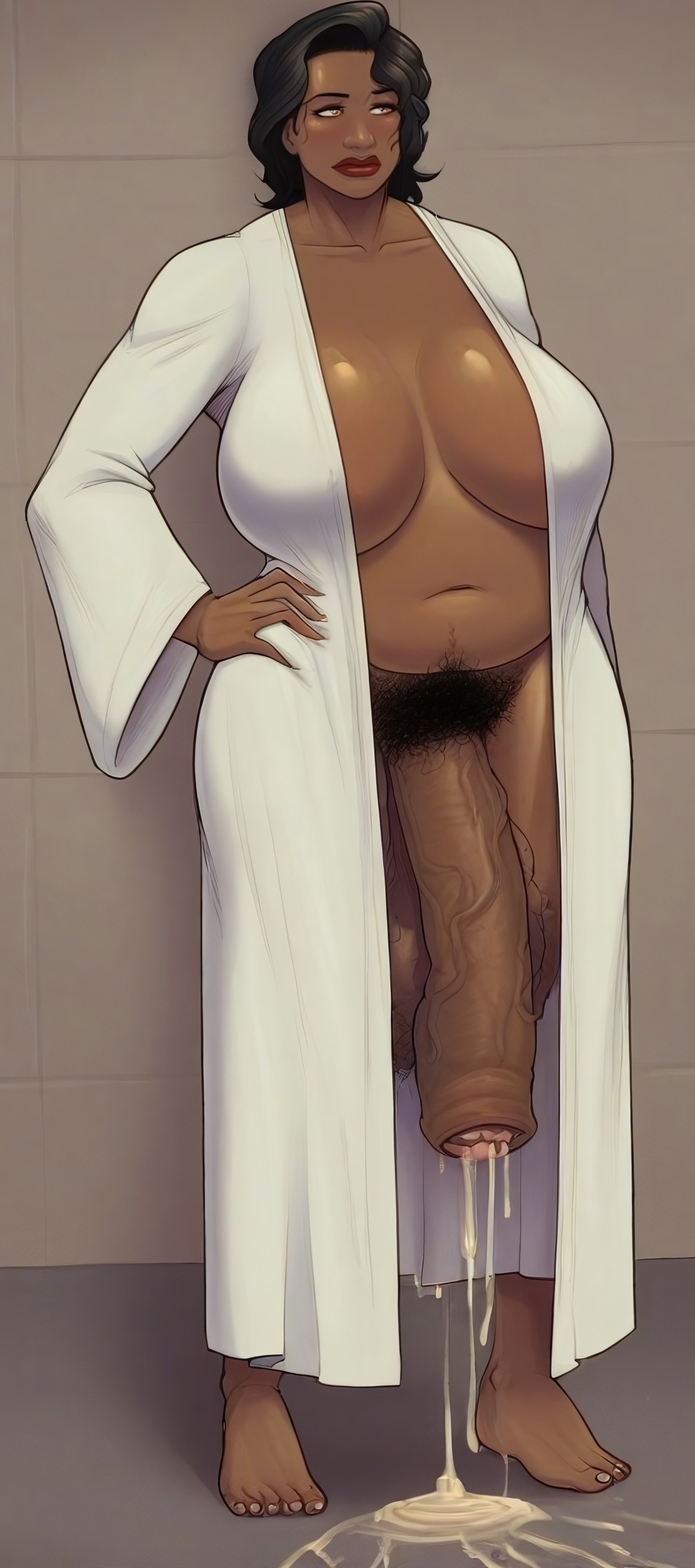 ai generated, breasts, briang1748, changing room, dripping cum, female, foreskin, futa only, futanari, hairy, hand on hip, intersex, large breasts, milf, penis, precum drip, pubic hair, robe, solo futa, tagme, taller female, thick cum, thick penis, thick thighs, uncircumcised