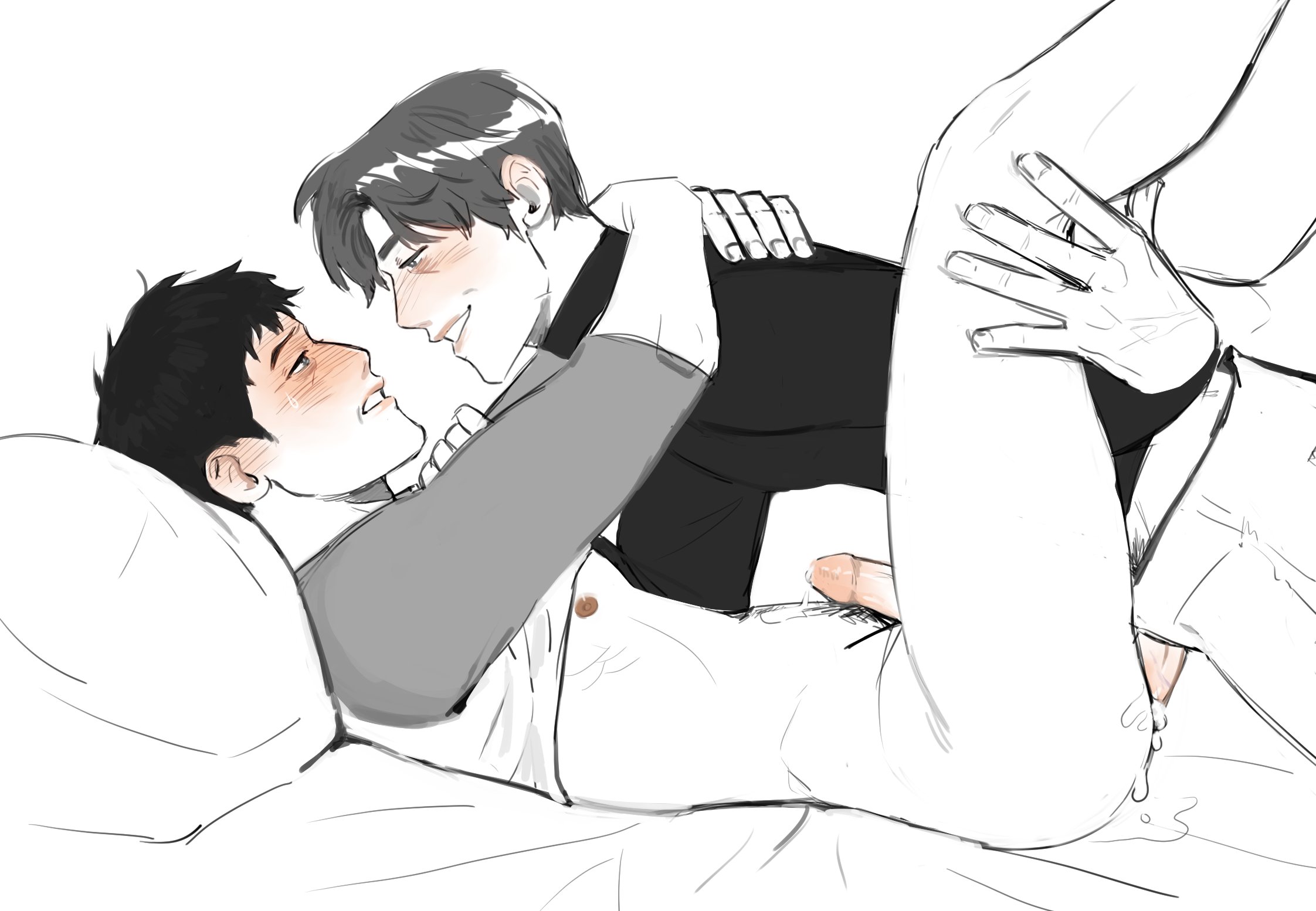 anal sex, arms around neck, arms around partner, ass, bed, between legs, black and white, black shirt, blush, clothed sex, cum, cum drip, cum dripping from ass, cum in ass, cum inside, cum on body, cumshot, erection, fly open, half-dressed, hand on leg, happy trail, hwang in-ho, laying on back, leg lift, leg up, male, male only, male/male, midriff, midriff peek, missionary position, monochrome, naked from the waist down, nipple slip, no pants, pants open, pillow, post-orgasm, post-orgasm anal, pubic hair, seong gi-hun, sheets, shirt lift, shirt up, short hair, side view, smiling at partner, squid game, sweatdrop, thin waist, turtleneck, veiny hands, yaoi