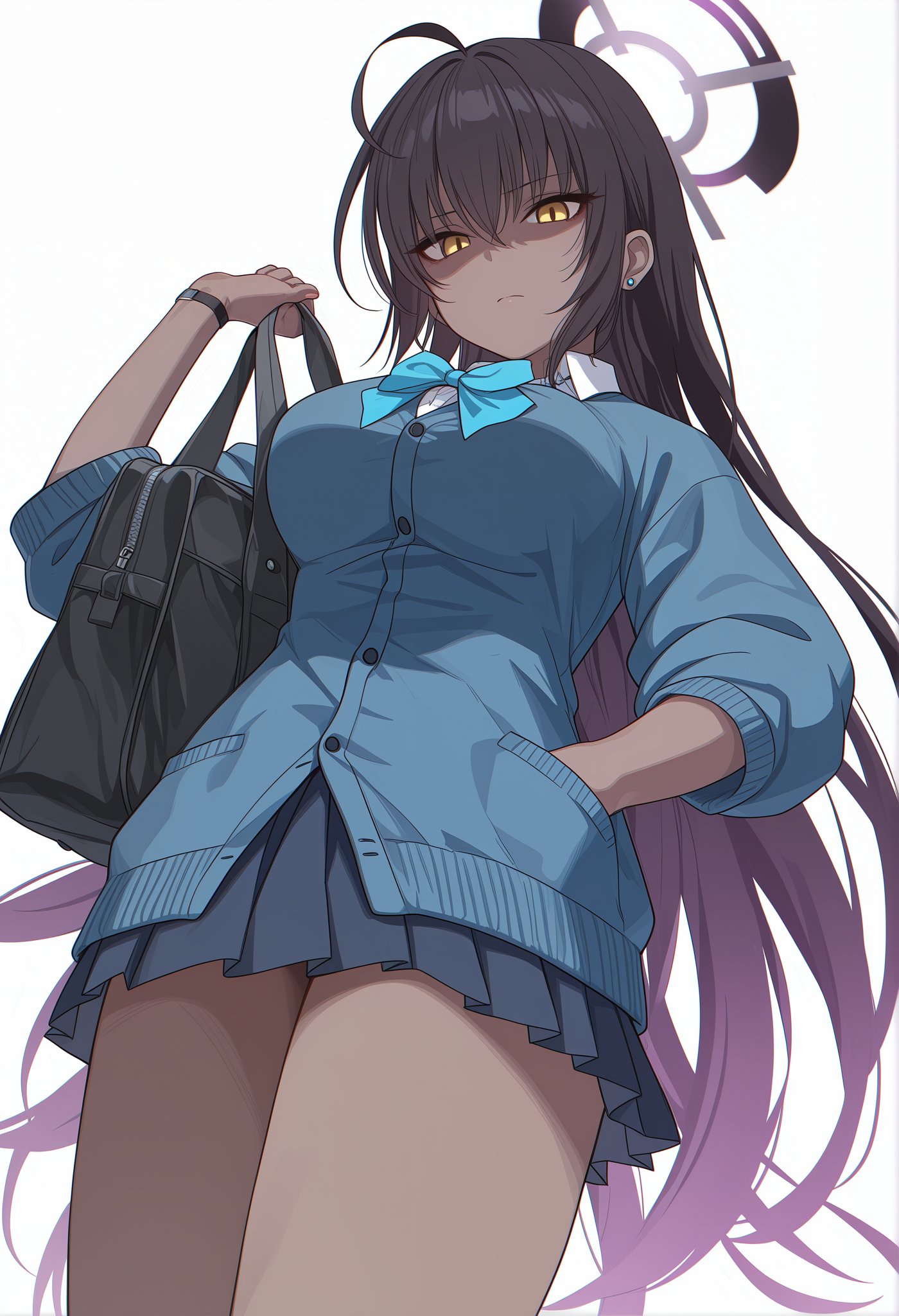 1girls, black hair, blue archive, breasts, dark skin, dark-skinned female, female, karin (blue archive), karin (school uniform) (blue archive), large breasts, long hair, miniskirt, school uniform, sexually suggestive, skirt, solo, solo female