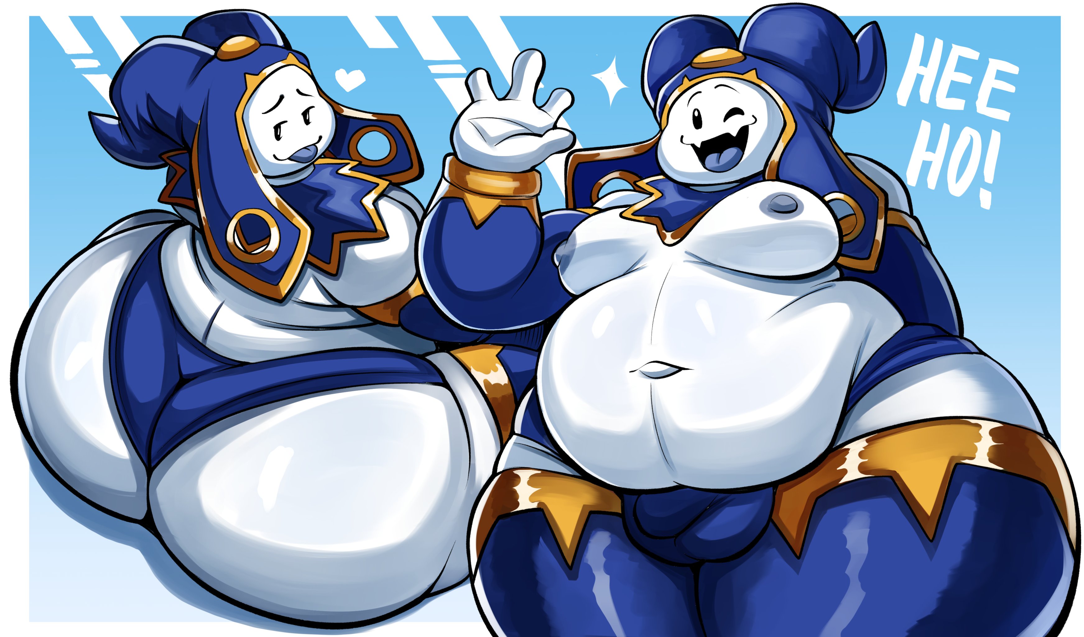1boy, 2d, 2d (artwork), ass, big ass, big belly, blep, bottom heavy, bubble ass, bubble butt, bulge, chubby, chubby femboy, chubby male, clothes, fat ass, femboy, heart, huge ass, jack frost (megami tensei), jester hat, large ass, male, male only, massive ass, moobs, nathanatwar, nipples, shin megami tensei, solo, thick ass, thick thighs, waving, whateverdoes, wide hips