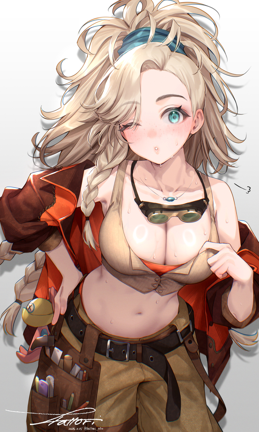 1girls, blonde hair, blue eyes, braid, breasts, capcom, cleavage, clothing, female, female only, freckles, gemma (monster hunter wilds), hattori masaki, hattori oto, jacket, large breasts, midriff, monster hunter, monster hunter wilds, one eye closed, pants, ponytail, solo, sweat