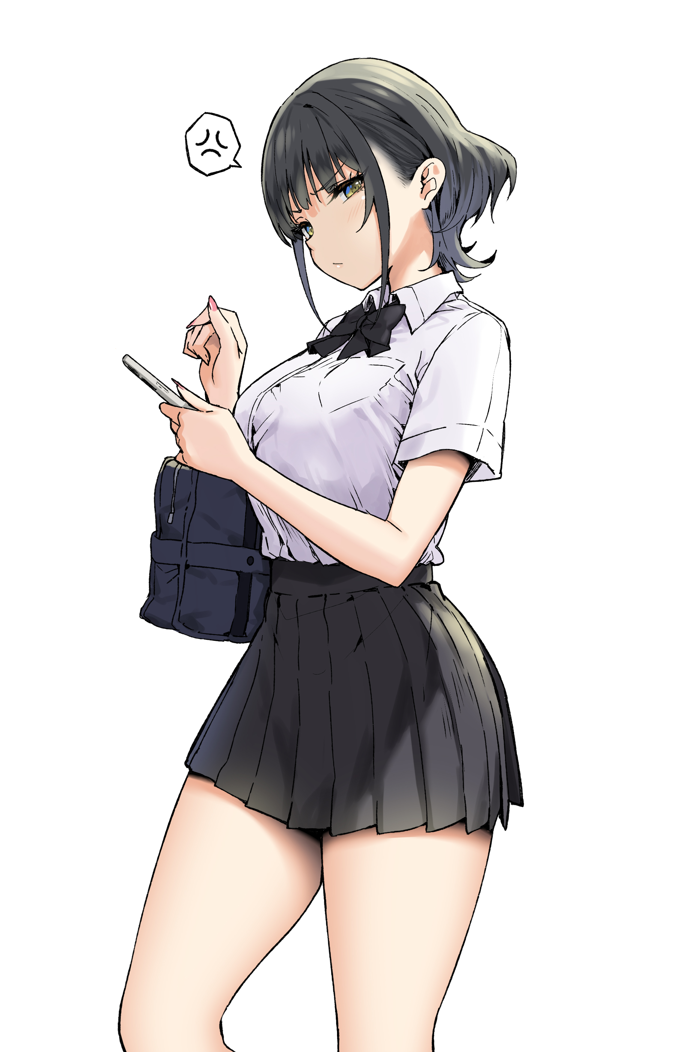 1girls, absurdres, bag, black bow, black bowtie, black hair, black skirt, blush, bow, bowtie, breasts, cellphone, closed mouth, collared shirt, commentary request, female, female only, fully clothed, highres, holding, holding phone, large breasts, looking at viewer, miniskirt, mio (sky (freedom)), nail polish, original, painted fingernails, painted nails, phone, pleated skirt, shirt, shirt tucked in, short hair, short sleeves, shoulder bag, simple background, skirt, sky (freedom), smartphone, solo, thighs, white background, white shirt