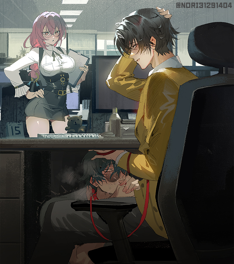 1girls, 2boys, asaba harumasa, blowjob, blush, clothed, fellatio, female, gay, gay sex, hand on head, hidden sex, leash and collar, lighter (zenless zone zero), male, nori31291404, office, oral, tsukishiro yanagi, under desk, yaoi, zenless zone zero