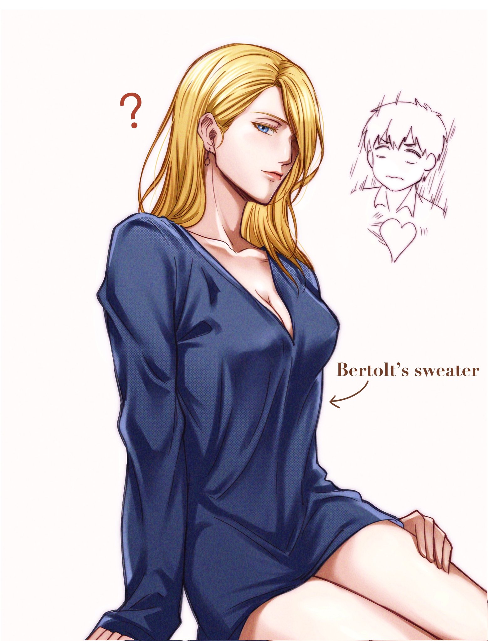 1boy, 1girls, annie leonhardt, attack on titan, bertolt hoover, couple, female, hair down, kuobi meon, male, oversized clothes, seductive, straight, sweater only, wearing others clothes