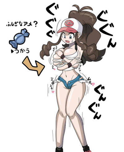 1girls, artist request, big breasts, breast expansion, breast growth, breast growth (enlargement), breasts, cap, clothes ripping, embarrassed, female, flustered, growth, hat, hilda (pokemon), huge breasts, large breasts, nintendo, pokemon, pokemon bw, ponytail, rare candy, shorts, tagme, tank top