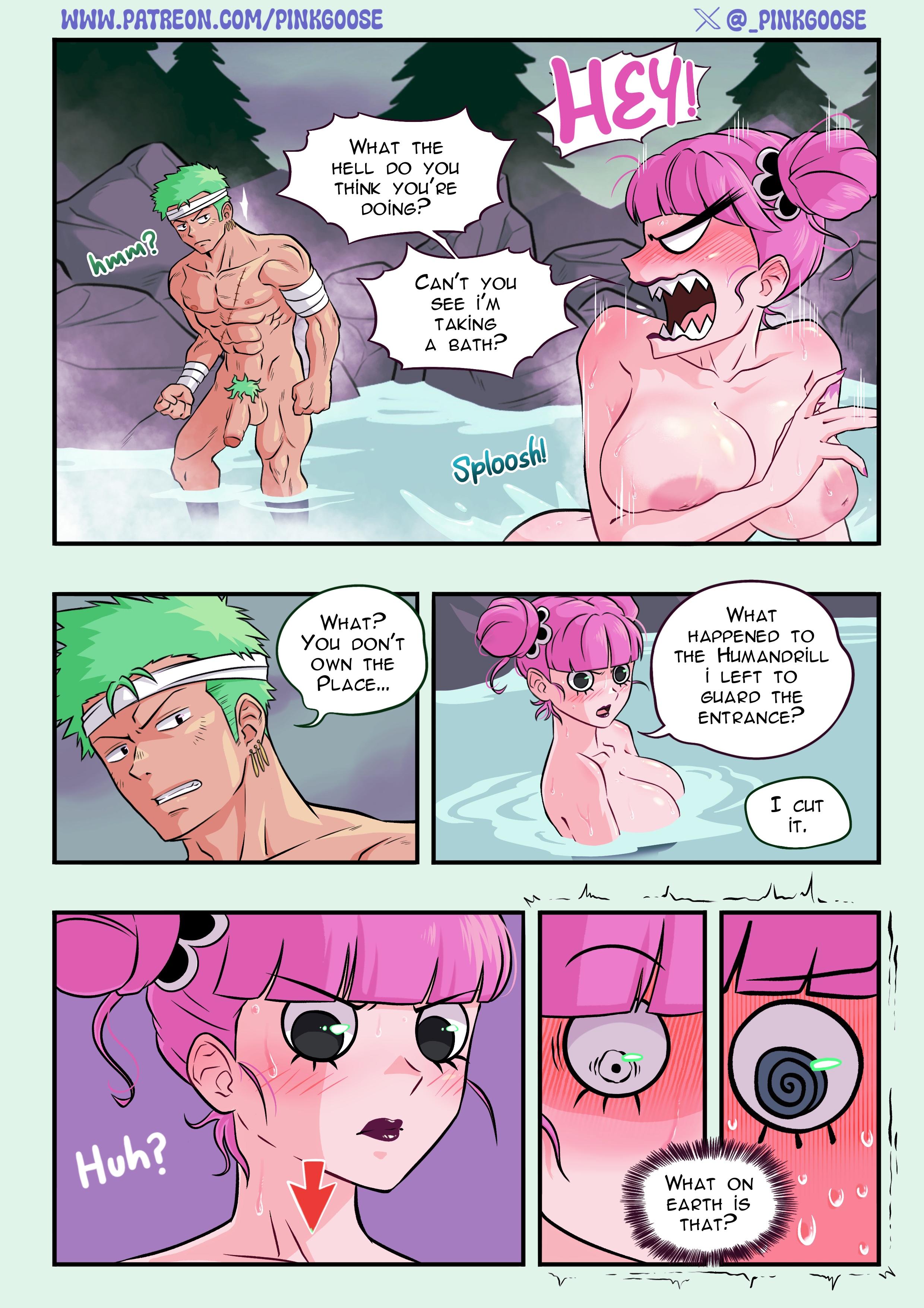 1boy, 1girls, 6koma, abs, alternate hairstyle, angry, arm tattoo, aroused, bat tattoo, bath, bathing, bathing together, co-ed, co-ed bathing, comic, completely nude, embarrassed, english text, female, green hair, green-haired male, gurinsensei, human, human female, human male, large breasts, light-skinned female, male, mixed bathing, nipples, nude, one piece, onsen, penis, perona, pink hair, pink tattoo, pink-haired female, pinkgoose, roronoa zoro, slim waist, tagme, tattoo, text, water, wide hips