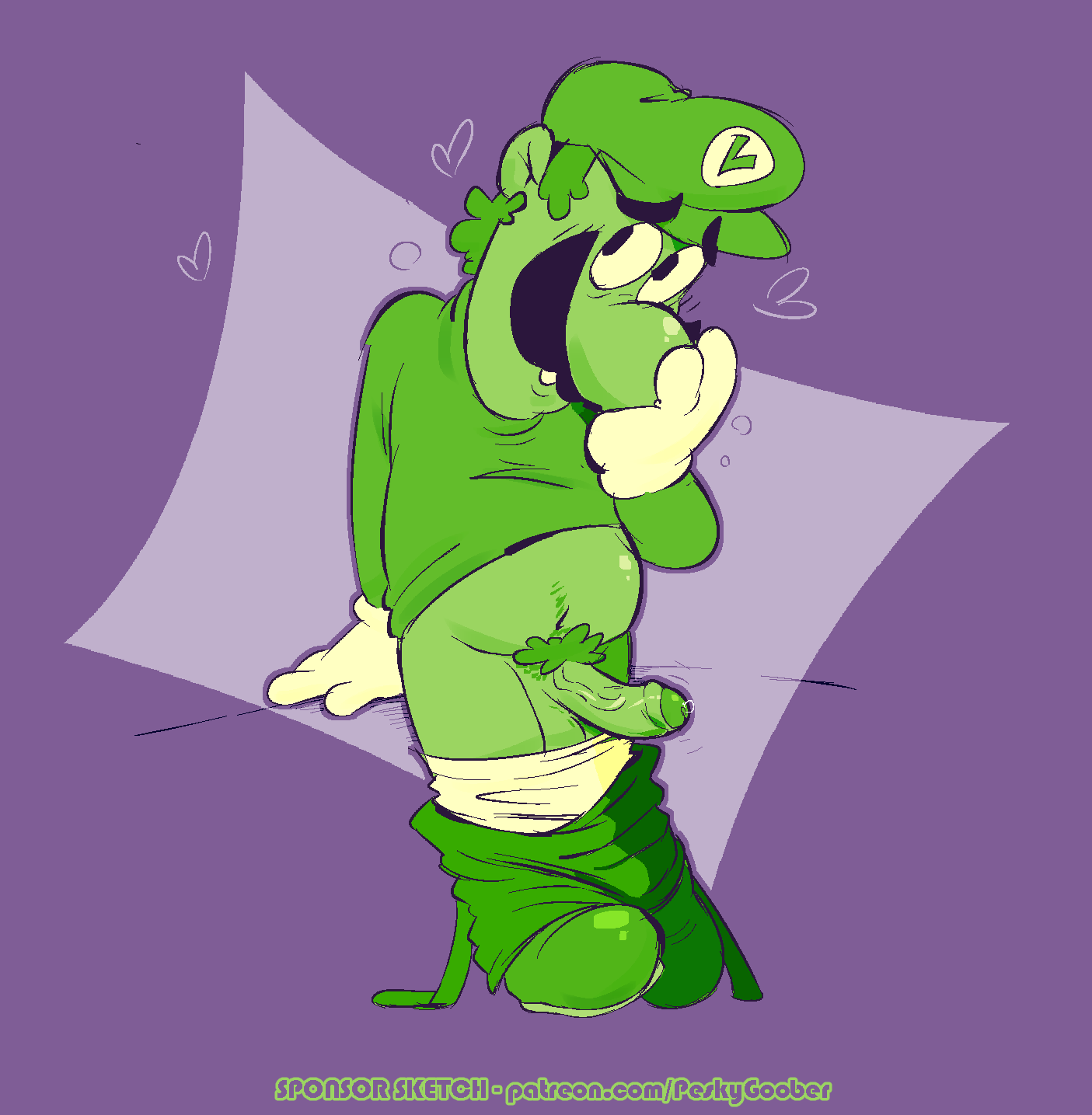 1boy anthro balls belly cartoony clothing erection facial_hair furry furry_male gloves green_hat green_shirt green_skin hand_on_nose hat heart looking_away luigi male male_only mario_(series) mature mature_male naughtybassard nintendo penis penis_out pubic_hair purple_background shirt shy solo solo_male testicles torquewintress tusks white_gloves