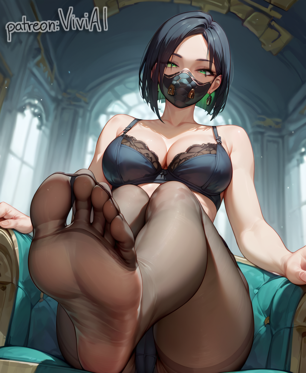 1girls, ai generated, big breasts, black bra, black hair, black legwear, breasts, clothed, face mask, facemask, feet, female, femdom, foot fetish, foot focus, footwear, green eyes, legwear, looking at viewer, mask, medium hair, pantyhose, short hair, soles, solo, tagme, toes, valorant, viper (valorant), viviai
