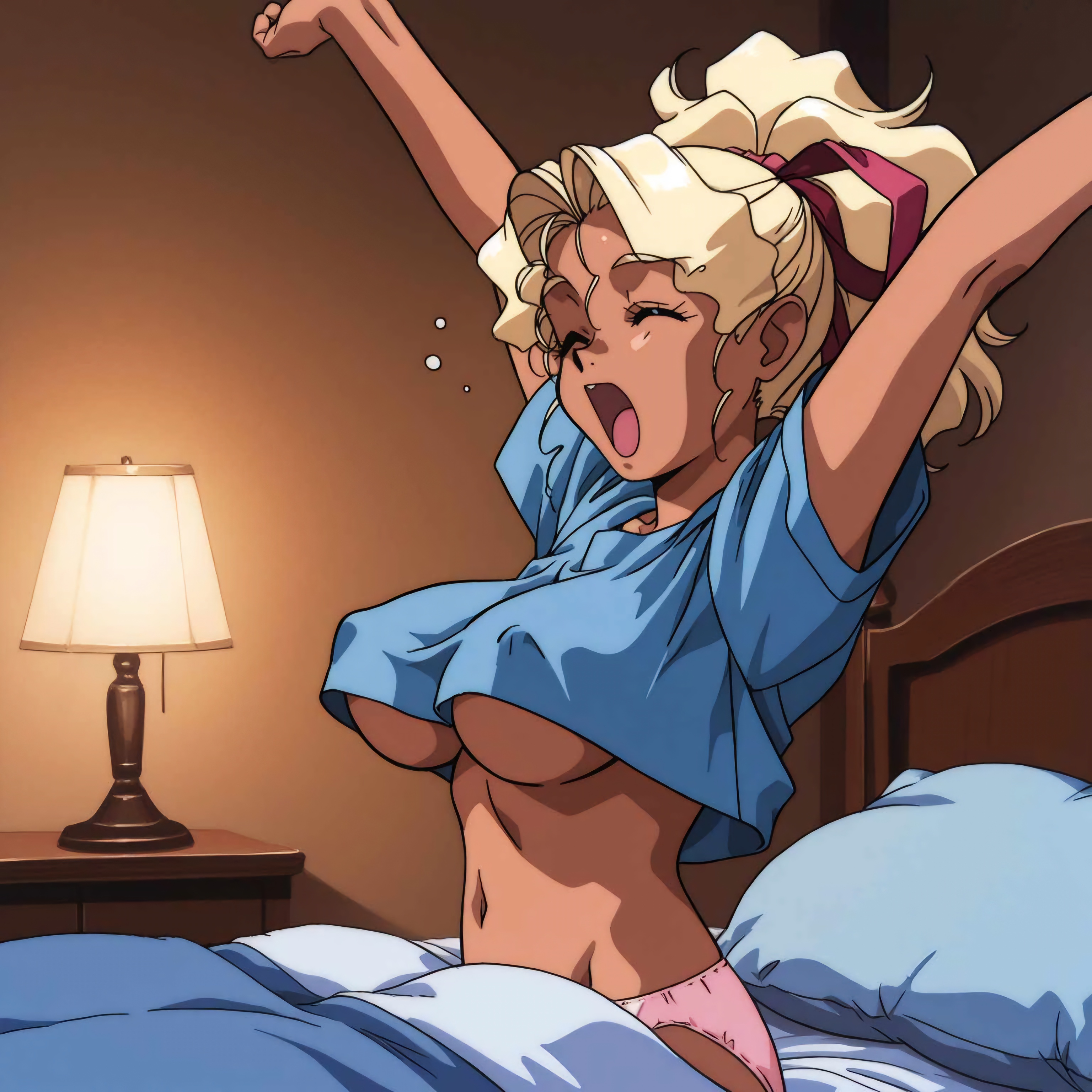 1girls, accurate art style, ai generated, bed, bedroom, big breasts, blonde hair, breasts, closed eyes, clothed, crop top, erect nipples, female, mihoshi kuramitsu, nipples, nipples bulge, nyymiai, panties, retro artstyle, solo, stretching, tan skin, tenchi muyo!, underboob, underwear, yawn, yawning