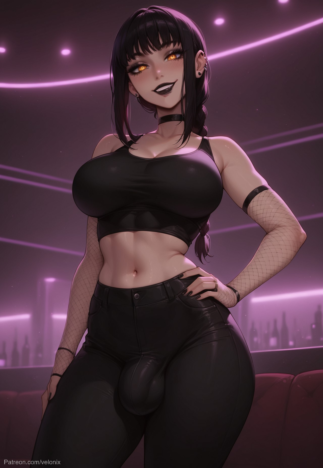 1futa, ai generated, ass, balls, belly, big ass, big breasts, big butt, big hips, big penis, black eyeshadow, black hair, black lip, black lips, black lipstick, black makeup, black nail polish, black nails, black pants, black tank top, braid, braided hair, braided ponytail, breasts, bulge, bulge through clothing, chainsaw man, cleavage, clothed, clothing, collar, dick, dickgirl, ear piercing, eyebrows, eyelashes, female, fishnet armwear, fishnet clothing, fishnet topwear, fishnets, futa only, futanari, goth, goth futa, goth girl, goth makima, grin, grinning, grinning at viewer, hand on hip, hands-free, huge cock, indoors, intersex, lips, long hair, looking at viewer, makeup, makima (chainsaw man), nail polish, nails, narrow waist, narrowed eyes, navel, nose, pants, penis, seducing, seductive, seductive eyes, seductive gaze, seductive look, seductive mouth, seductive pose, seductive smile, smile, smile at viewer, smiley face, smooth balls, smooth penis, smooth skin, solo, solo dickgirl, solo focus, solo futa, tank top, testicles, topwear, velonix, yellow eyes