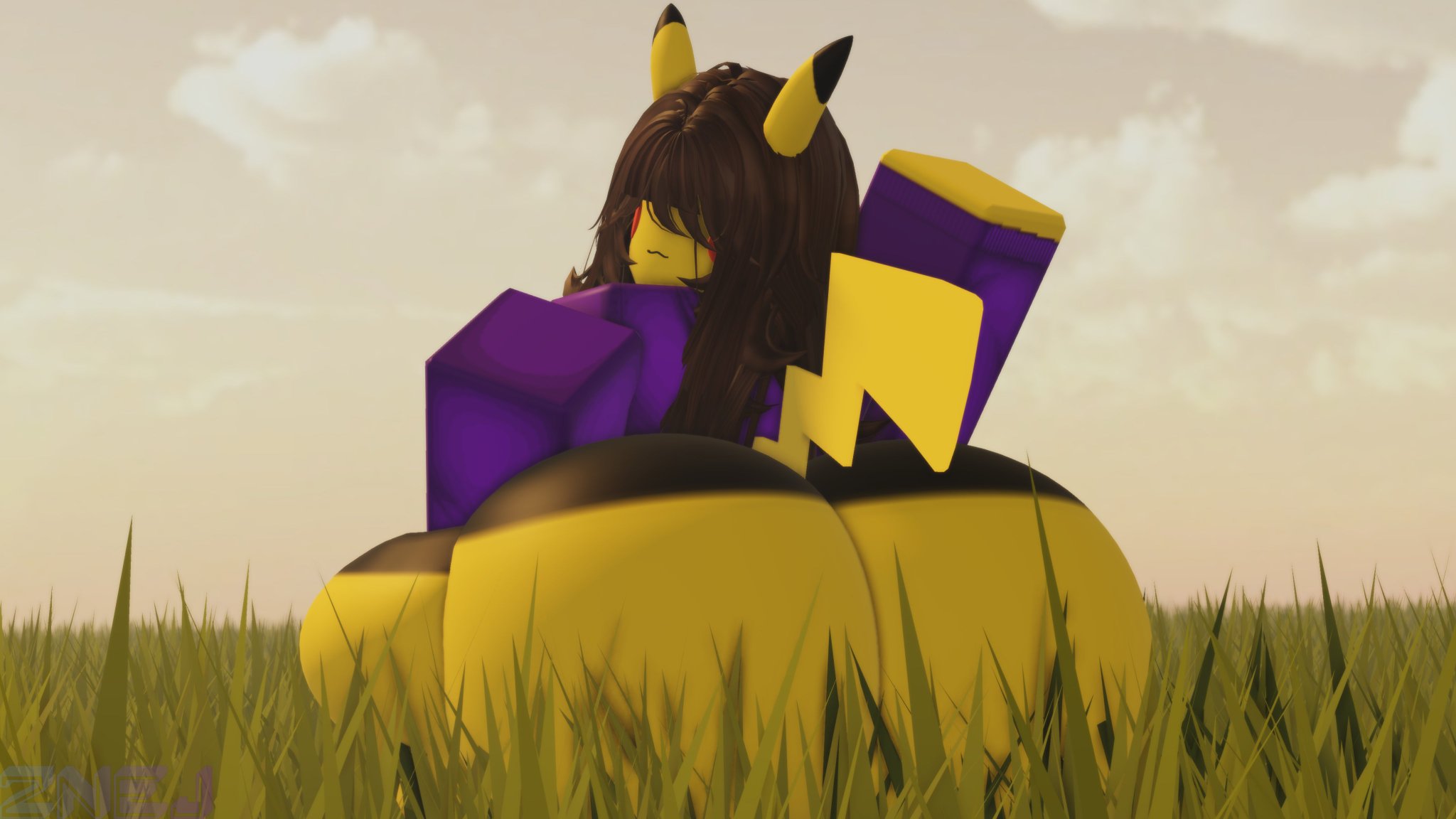2nej, 3d, breasts, brown hair, clothing, female, looking back, roblox, robloxian, sunset, tagme, volta (pikaboobs), yellow body