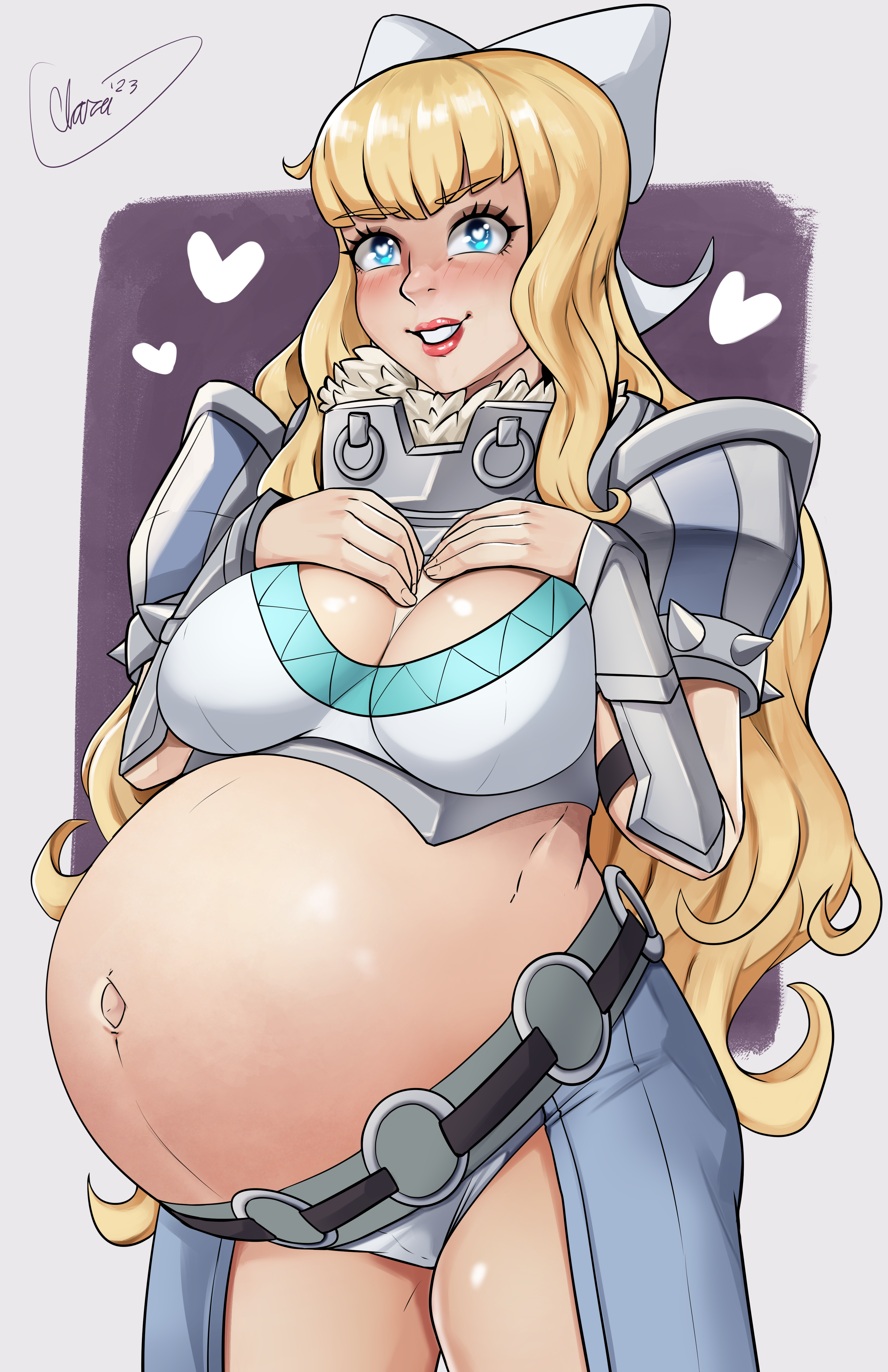 1girls, armor, belt, big belly, big breasts, bikini, bikini armor, bikini top, blonde hair, blue eyes, blush, breasts, charlotte (fire emblem), claraspregs, cleavage, female, fire emblem, fire emblem fates, heart, lipstick, looking at viewer, nintendo, panties, pauldrons, pregnant, ribbon, signature, simple background, spikes, stomach bulge, super belly, tagme, thick thighs, thong, wide hips