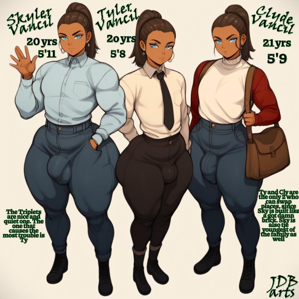 3femboys ai_generated ai_hands ass big_thighs brothers brothers_(lore) brown_hair clyde_(jonnidabun) dark-skinned_male dark_skin fat_ass fat_thighs femboy fit_femboy fit_male hair_bun huge_ass identical jonnidabun muscular muscular_femboy muscular_male original original_character original_characters penis_bulge pretty_boy sibling_(lore) siblings skyler_(jonnidabun) slim_waist thick_thighs thighs triplets triplets_(lore) tyler_(jonnidabun) voluptuous voluptuous_femboy voluptuous_male waist waving waving_at_viewer