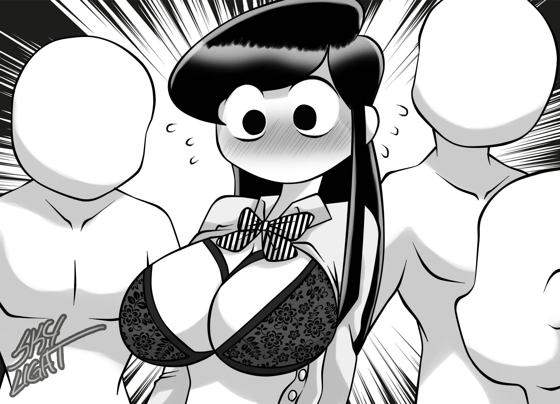 adorable, adorable face, adorable girl, big breasts, blush, bra, breasts, breasts out, busty, cute, cute but busty, cute face, female, huge breasts, komi shouko, komi-san wa komyushou desu, large breasts, lingerie bra, manga style, monochrome, no mouth, skylight (artist), voluptuous, voluptuous female, white body