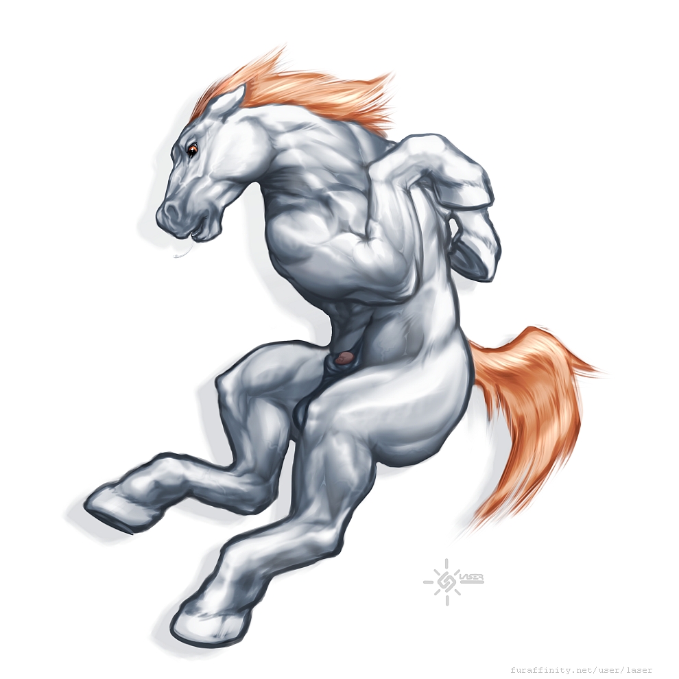 1boy animal_genitalia anthro balls denver_broncos equine feral flaccid hair hooves horse laser_(artist) male male_only mammal miles_(mascot) nfl nude orange_hair penis penis_tip sheath simple_background solo white_background