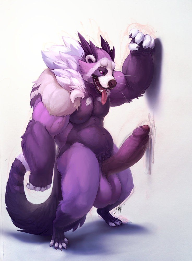 1boy anthro balls bento_(suck_mcjones) biceps big_balls big_penis binturong claws cum erection full-length_portrait full_length fur huge_balls huge_cock humanoid_penis male male_only muscular navel nipples nude orgasm pecs penis portrait purple_eyes purple_fur slightly_chubby solo standing suck_mcjones teeth thick_penis toe_claws tongue uncut vein whiskers