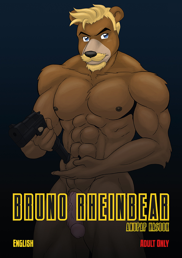 1boy 2014 animal_genitalia anthro anupap balls bear big_muscles black_nose blonde_hair blue_eyes brown_fur bruno_rheinbear canine comic cover fur gun hair handgun humanoid_penis male male_only mammal muscular nude pecs penis pistol portrait ranged_weapon scales scalie simple_background solo standing weapon yellow_beard