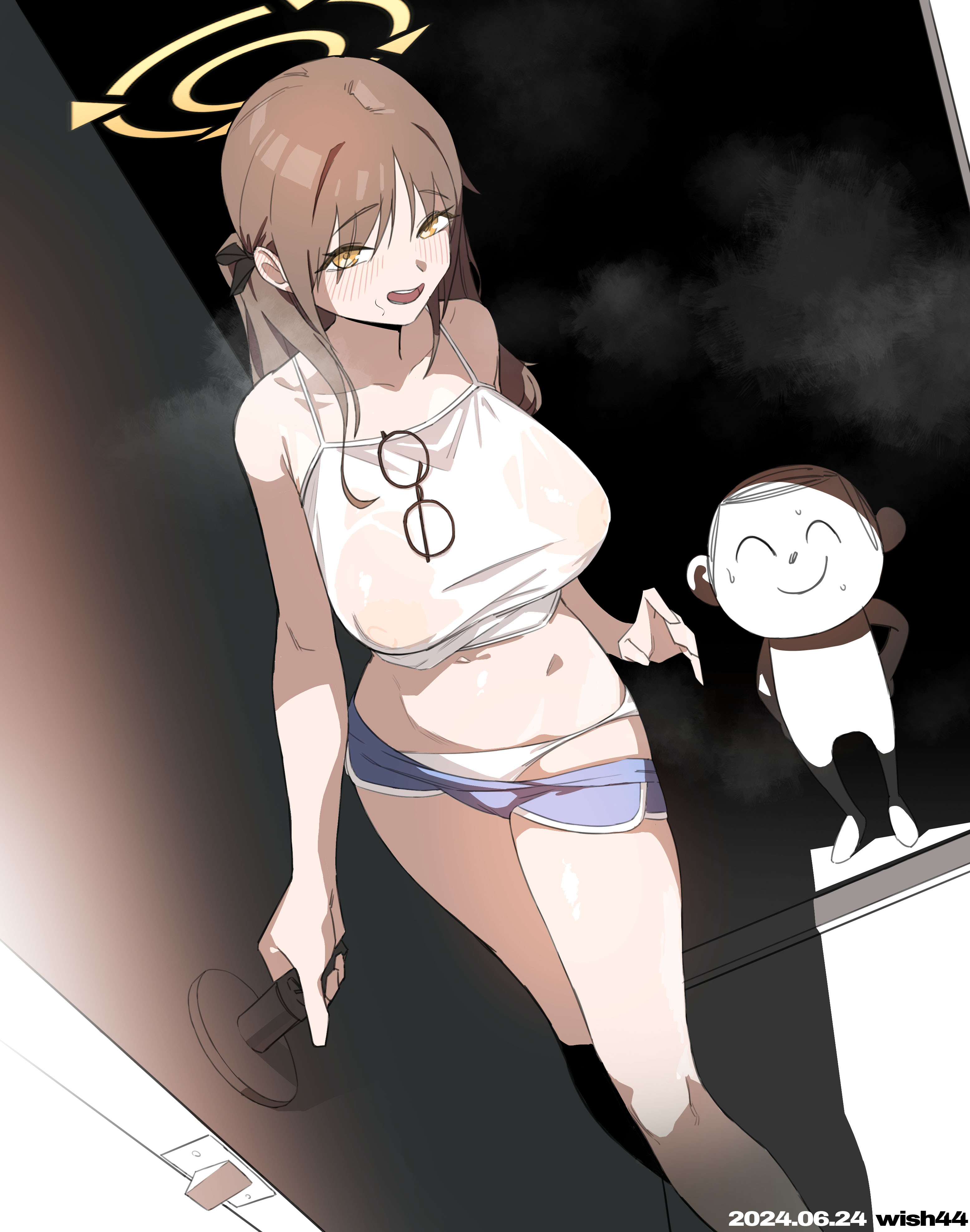 big breasts, blue archive, blush, breasts, doodle sensei (blue archive), female, glasses, high resolution, huge breasts, long hair, moe (blue archive), panties, sensei (blue archive), shorts, srt special academy student, steam, twintails, wet shirt, white panties, white shirt, wish44, yellow eyes