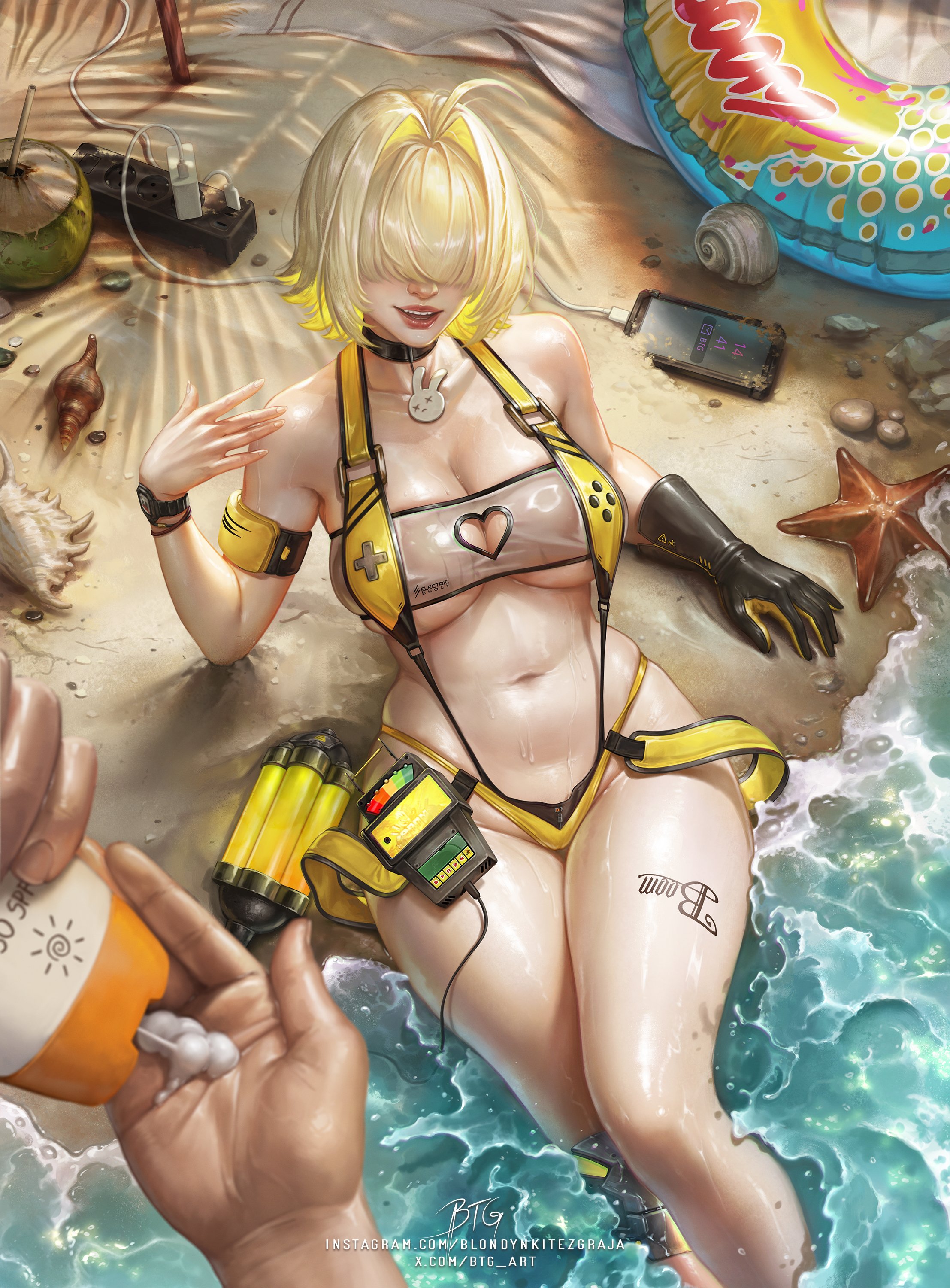 1girls, blonde hair, blondynkitezgraja, breasts, elegg (boom and shock) (nikke), elegg (nikke), female, female focus, female only, goddess of victory: nikke, hair over eyes, large breasts, light skin, light-skinned female, looking at viewer, solo, swimsuit, thick thighs, thighs, wide hips
