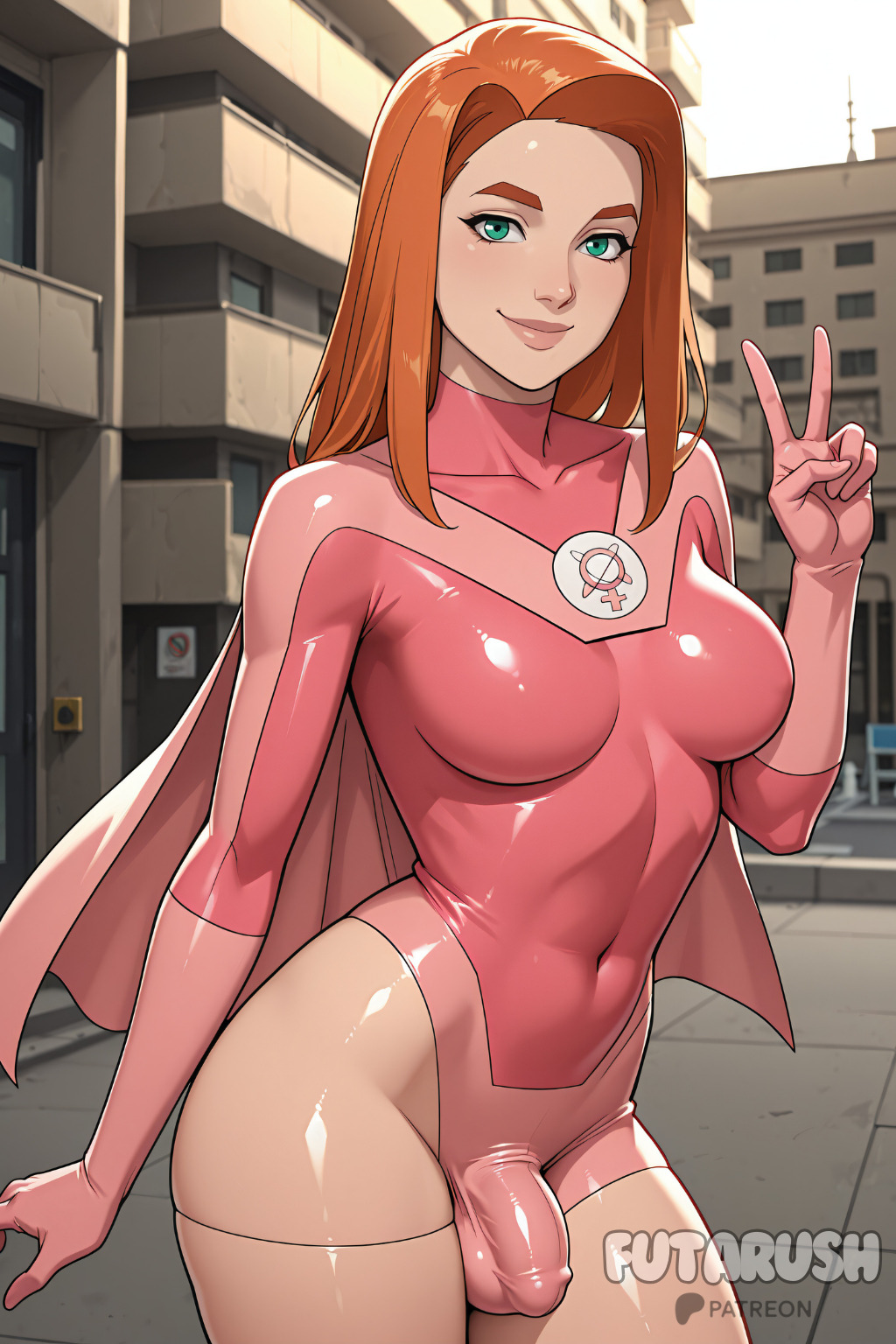 1futa, ai generated, atom eve, breasts, building, bulge, cape, covered navel, cowboy shot, futanari, futarush, gloves, green eyes, impossible clothes, intersex, invincible, invincible (comics), invincible (tv series), leotard, lips, long hair, looking at viewer, medium breasts, orange hair, outdoors, patreon, patreon username, penis, shiny, skin tight, smile, solo, sultryspark, superhero