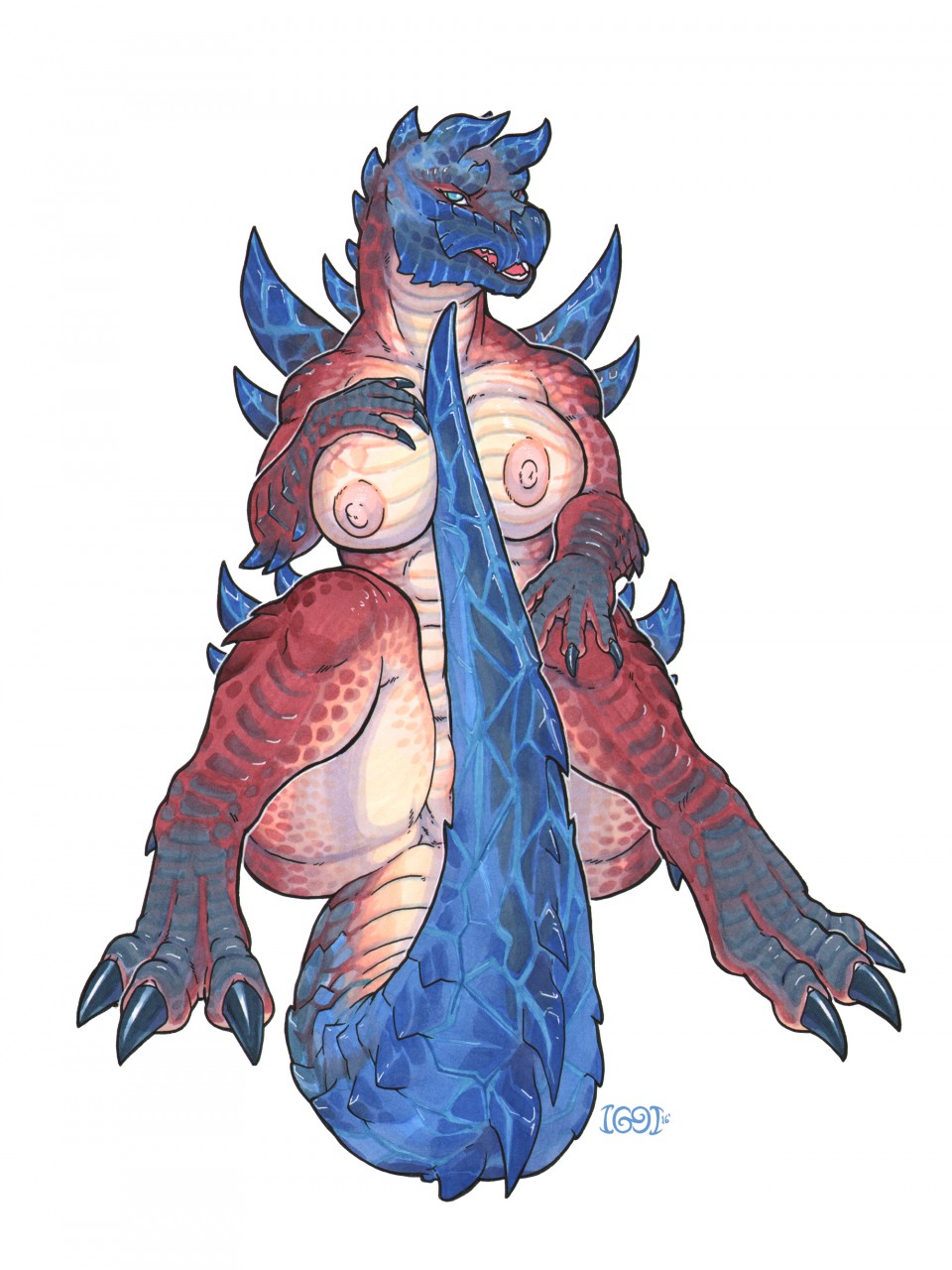 2016 anthro autotailjob blue_eyes breasts brute_wyvern capcom claws dinovaldo female glavenus hand_on_breast hi_res iggi looking_at_viewer marker_(artwork) masturbation monster_hunter nipples nude signature simple_background solo spots tail_masturbation toe_claws traditional_media_(artwork) video_games white_background