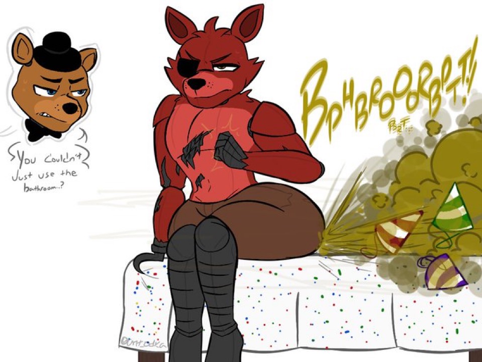 2boys, 2d, animatronic, ass, bear, big fart, brown fart, brown fart cloud, butt, eyepatch, eyewear, fart, fart cloud, fart fetish, farting, five nights at freddy's, fnaf, fox, foxy (fnaf), freddy (fnaf), furry, furry only, hook, male, male fart, male only, no genitals, no sex, nonhuman, odka, onomatopoeia, pants, robot, sitting, tagme, talking, talking to another, text, ursine