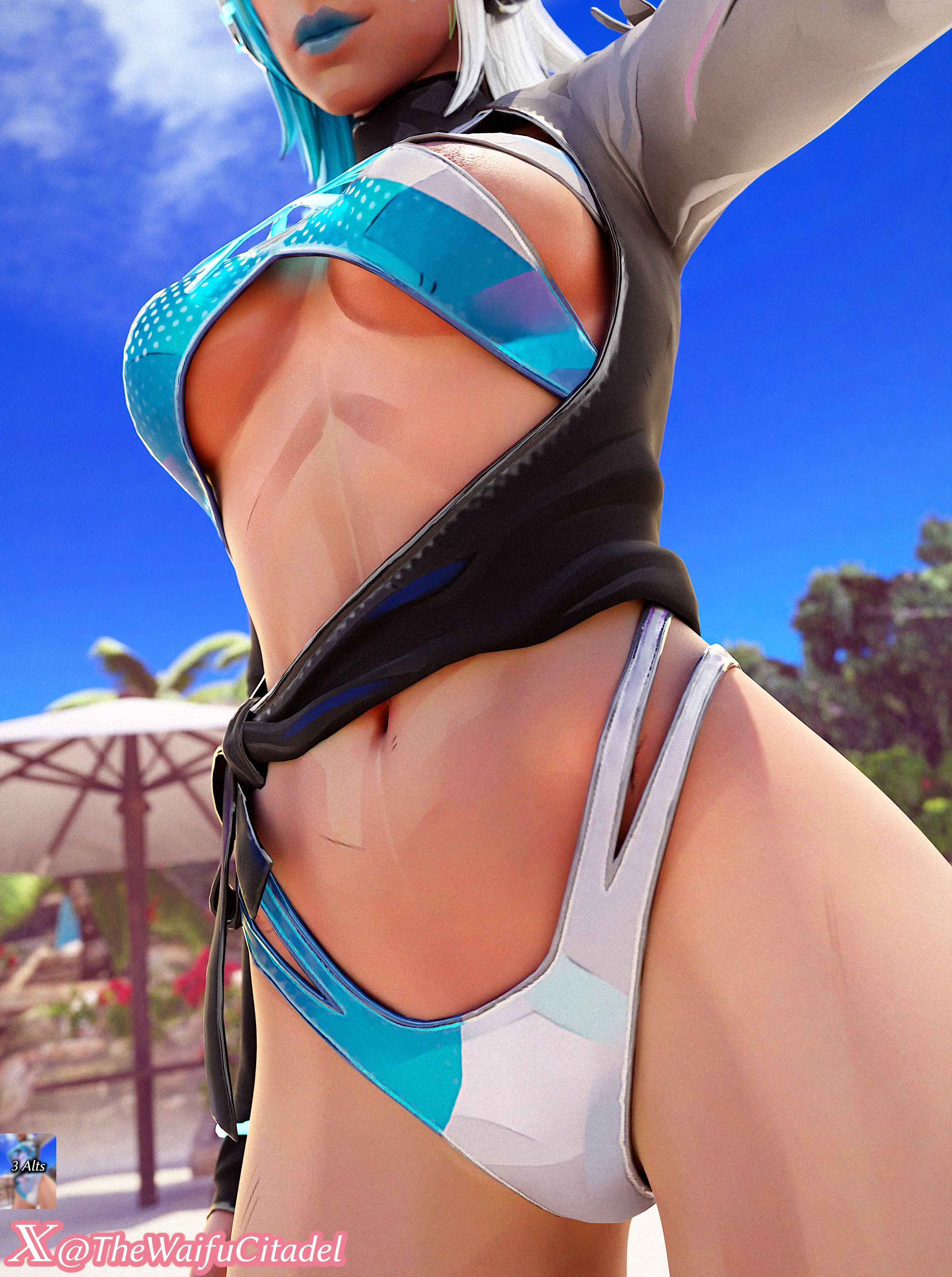 3d, 3d (artwork), beach, belly, belly button, darkbahamuth, female, luna snow, luna snow (cool summer), luna snow (marvel rivals), marvel, marvel comics, marvel rivals, midriff, pinup, sfw