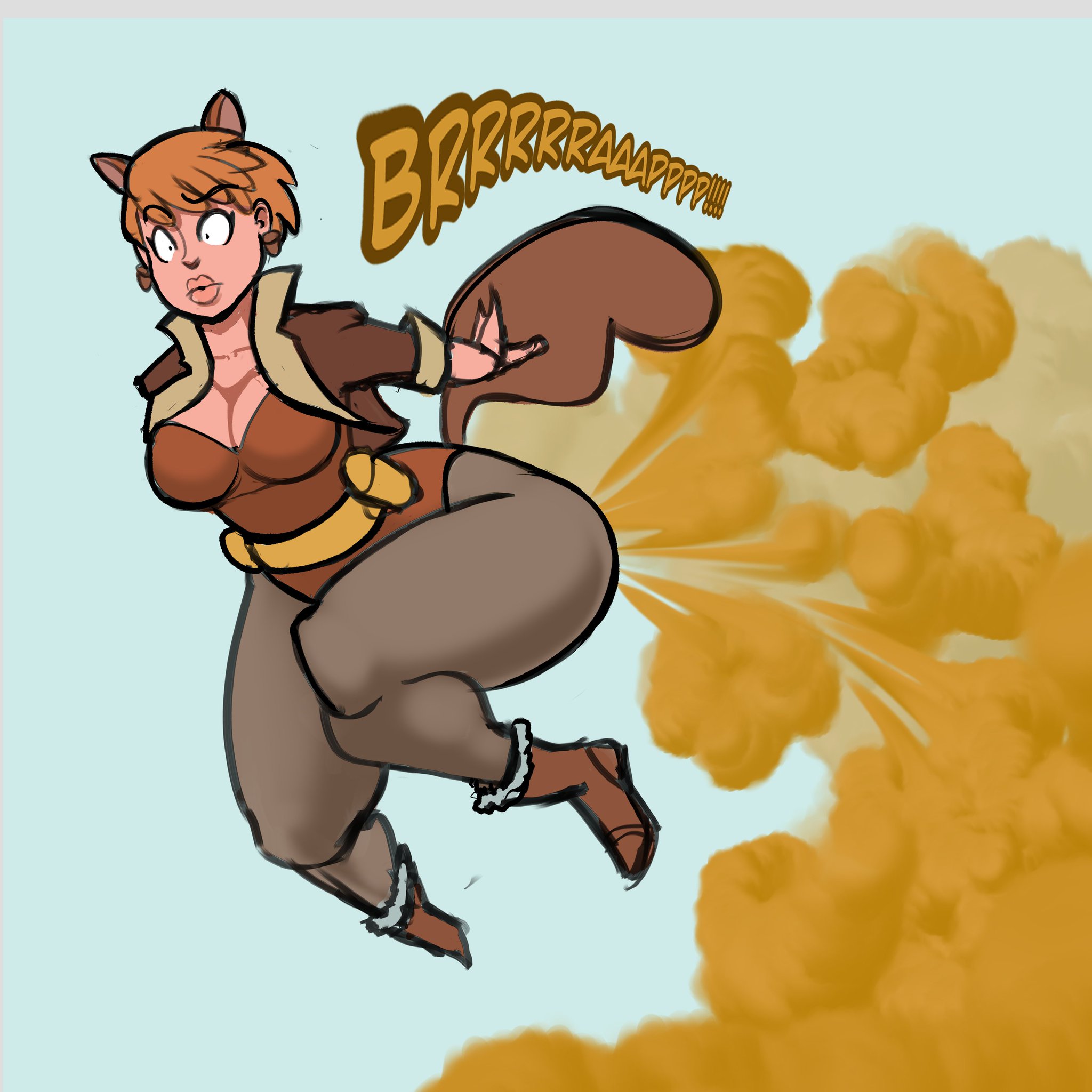 big breasts, blush, breasts, fart, fart cloud, fart fetish, farting, female, lolotron, marvel, marvel comics, midair, squirrel, squirrel girl, squirrel girl (marvel), squirrel tail, thick thighs