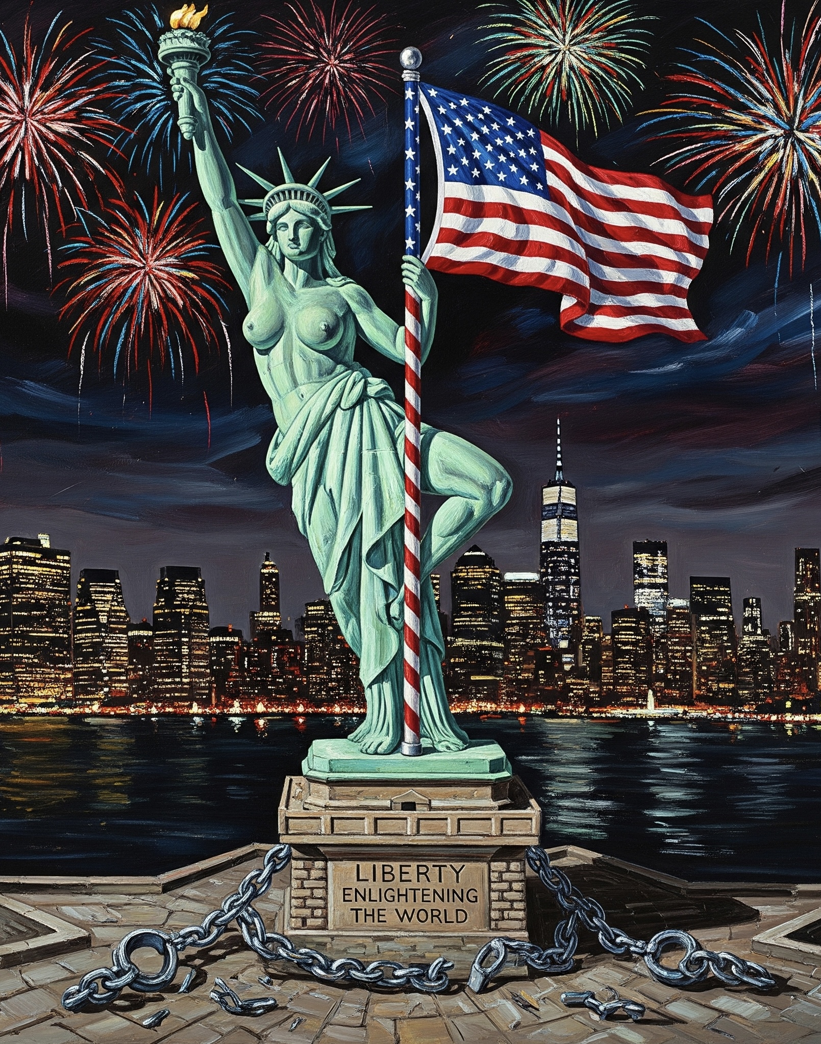 1girls, ai generated, american flag, armpit, chains, city, cloud, crown, exhibitionism, feet, female, female only, fireworks, fourth of july, lady liberty, naked, night, nipples, nude, pole, pole dancing, sky, solo, statue, statue of liberty, united states of america, water