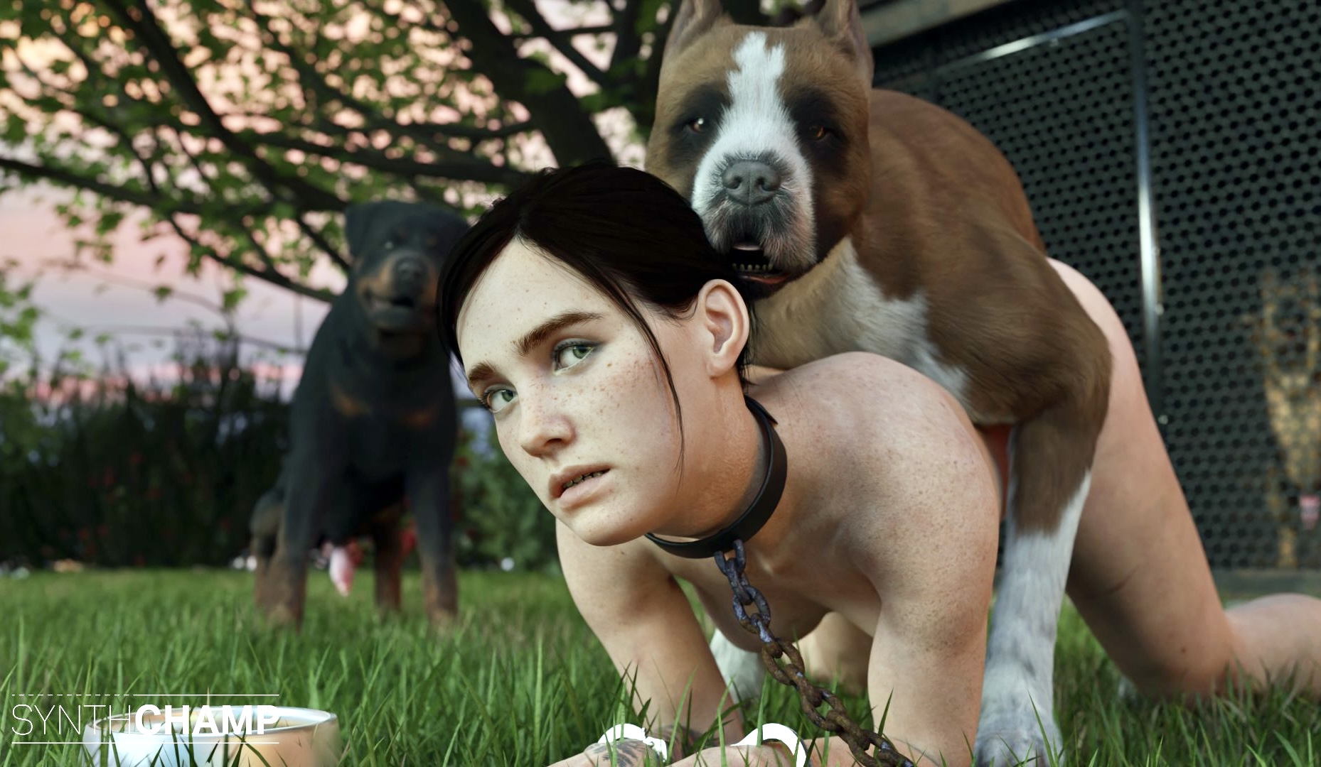 1girls, 3d, ambiguous penetration, bitch, blue eyes, bound wrists, breasts, brown hair, canine, canine on human, canine penis, chained, chains, choker, collar, dog bowl, doggy style, domestic dog, dominant feral, dominant male, domination, ellie (the last of us), ellie williams, female, female human/male feral, female on feral, femsub, feral, feral dominating human, feral on female, feral on human, feral penetrating, feral penetrating human, food bowl, freckles, from behind, fucked into submission, handcuffs, hanging breasts, human bitch, human female, human on feral, human penetrated, human pet, human pet feral owner, interspecies, knot, leash, leash and collar, light skin, male, multiple boys, outdoors, outside, pale skin, pale-skinned female, penis, petite, petite body, petplay, restrained, skinny, slim, small breasts, submissive female, submissive human, synthchamp, teenage female, teenager, the last of us, the last of us 2, white woman, zoophilia