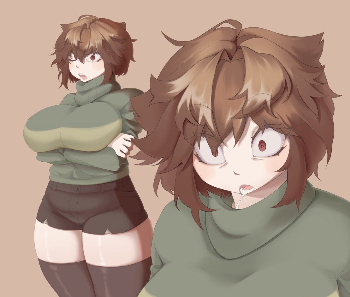 1girls, big breasts, breasts, chara, cock hungry, drool, drooling, female, female chara, male, penis, red eyes, short hair, solo, solo female, striped sweater, sweater, thick thighs, thighhighs, thighs, tomatoshik, undertale, undertale (series)