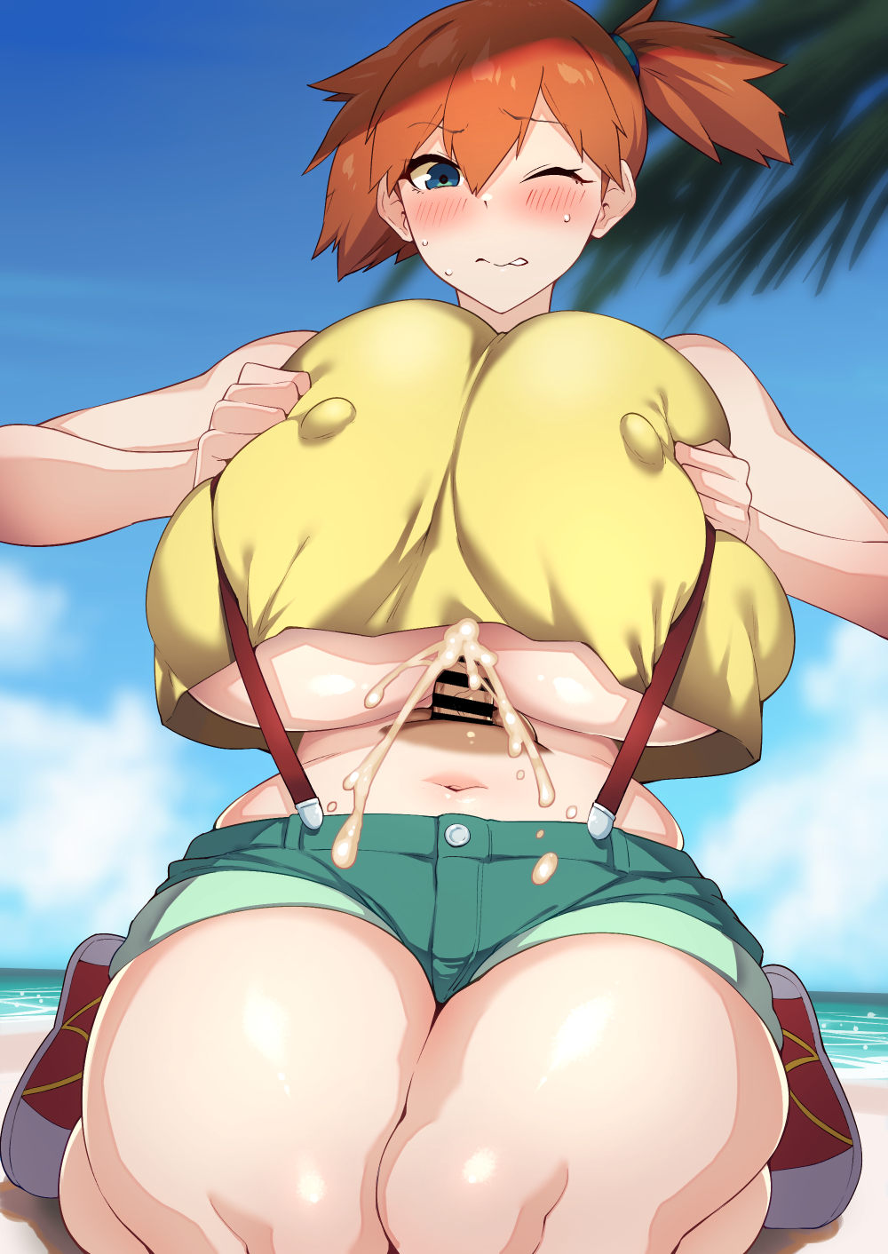 1boy, asymmetrical hair, bar censor, beach, between breasts, blue eyes, blush, breast press, breasts, breasts squeezed together, censored, covered erect nipples, crop top, cum, cum on body, cum on breasts, cum on upper body, day, disembodied penis, ejaculation, female, gigantic breasts, green shorts, gym leader, hair between eyes, highres, huge breasts, kasumi (pokemon), large breasts, male, misty (), navel, nintendo, ocean, one eye closed, orange hair, outdoors, paizuri, penis, pokemon, pokemon (anime), pokemon (classic anime), pokemon rgby, ponytail, shirt, shoes, short hair, short shorts, shorts, side ponytail, sitting, sky, solo focus, straight, suspenders, tank top, thick thighs, thighs, underboob, yellow shirt, yellow tank top, yonekura (bakuzen), yonekura mochi