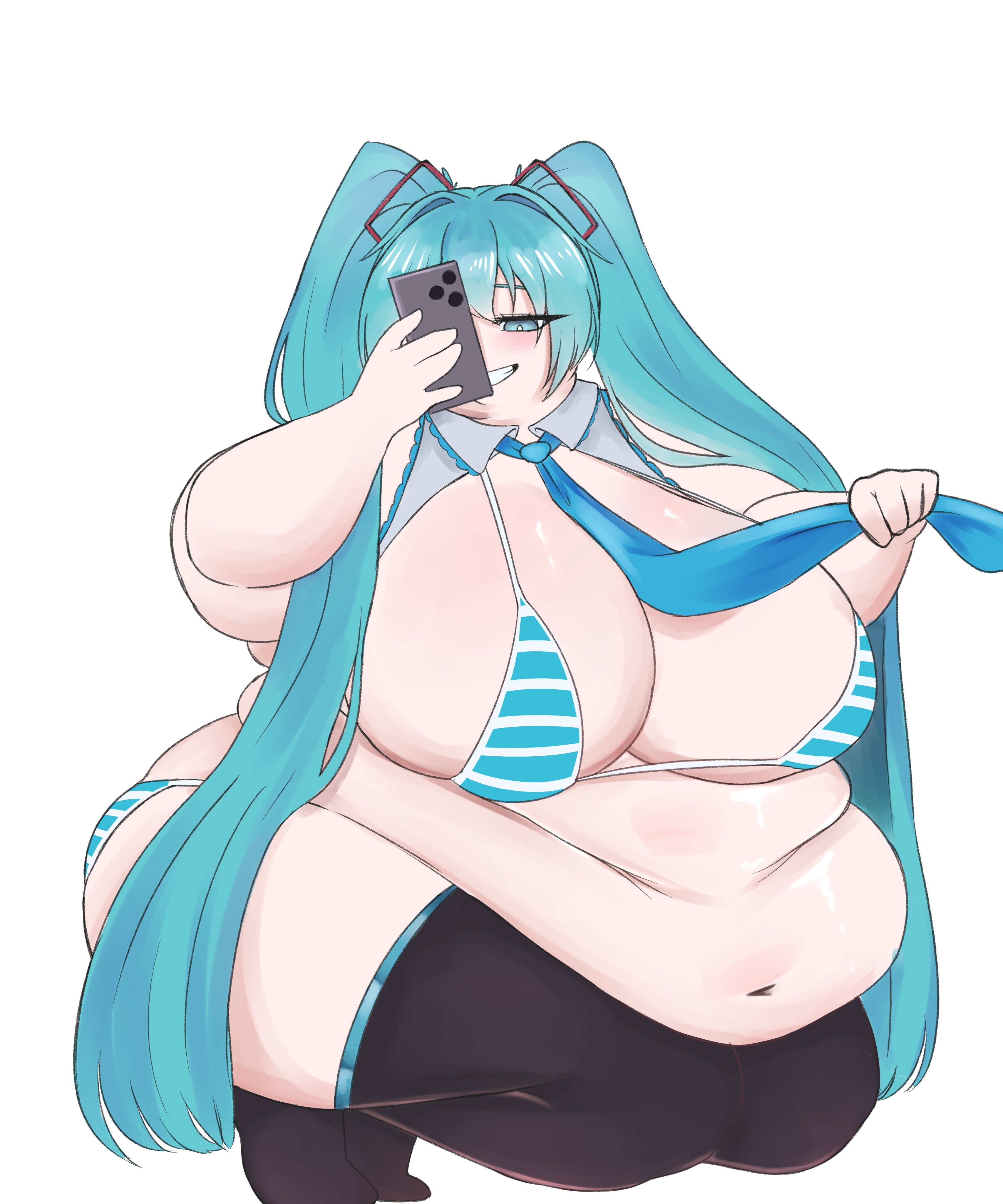 1girl, 1girls, aqua eyes, aqua hair, bbw, bikini, bikini top, blue tie, breasts, fat, fat female, fat fetish, female, hatsune miku, light blue, light blue hair, long hair, missicake, necktie, obese female, overweight, overweight female, phone, plump, simple background, skindentation, smile, solo, squatting, stockings, striped, swimsuit, taking picture, taking selfie, thick thighs, thighhighs, thighs, tie, twintails, very long hair, vocaloid, white background