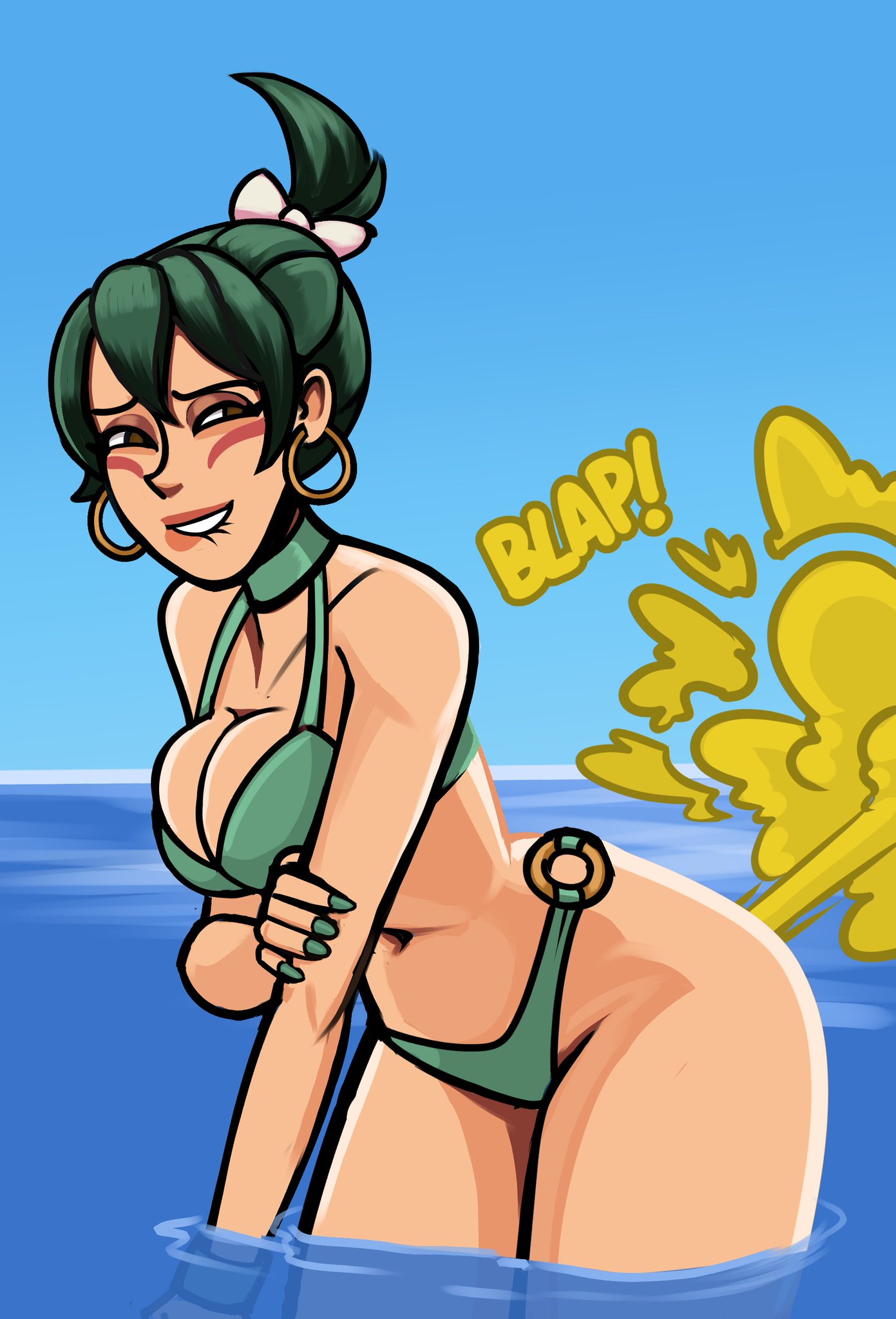 beach, bikini, fart, fart cloud, fart fetish, farting, in water, kiriko (overwatch), lolotron, overwatch, overwatch 2, overweight, wide hips