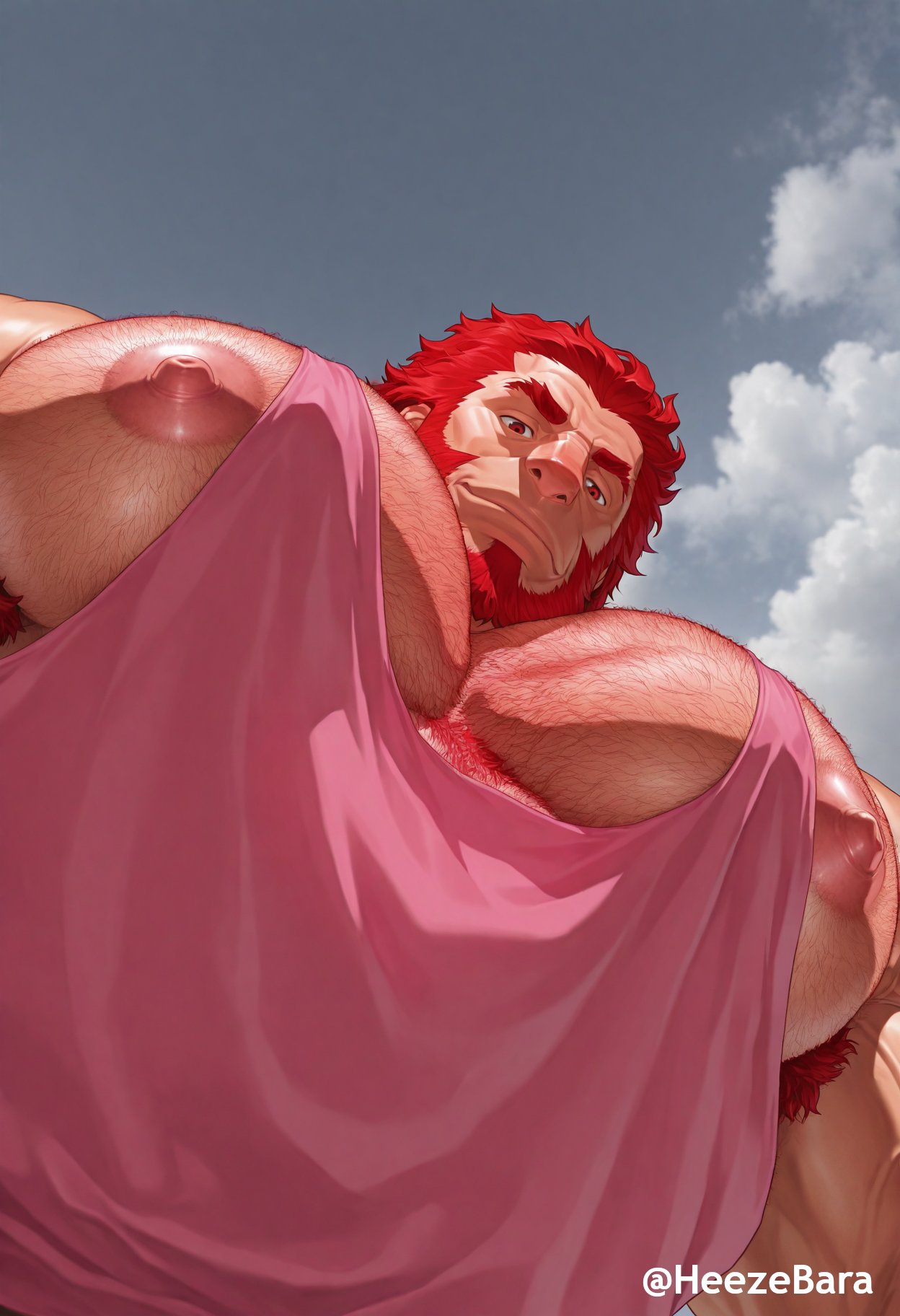 ai, ai generated, bara, bara tiddies, bara tits, breasts, fate (series), fate/grand order, gay, heezebara, human, iskandar (fate), low-angle view, male, male only, meme, muscular, muscular male, pecs, yaoi, yur oc like this (meme)
