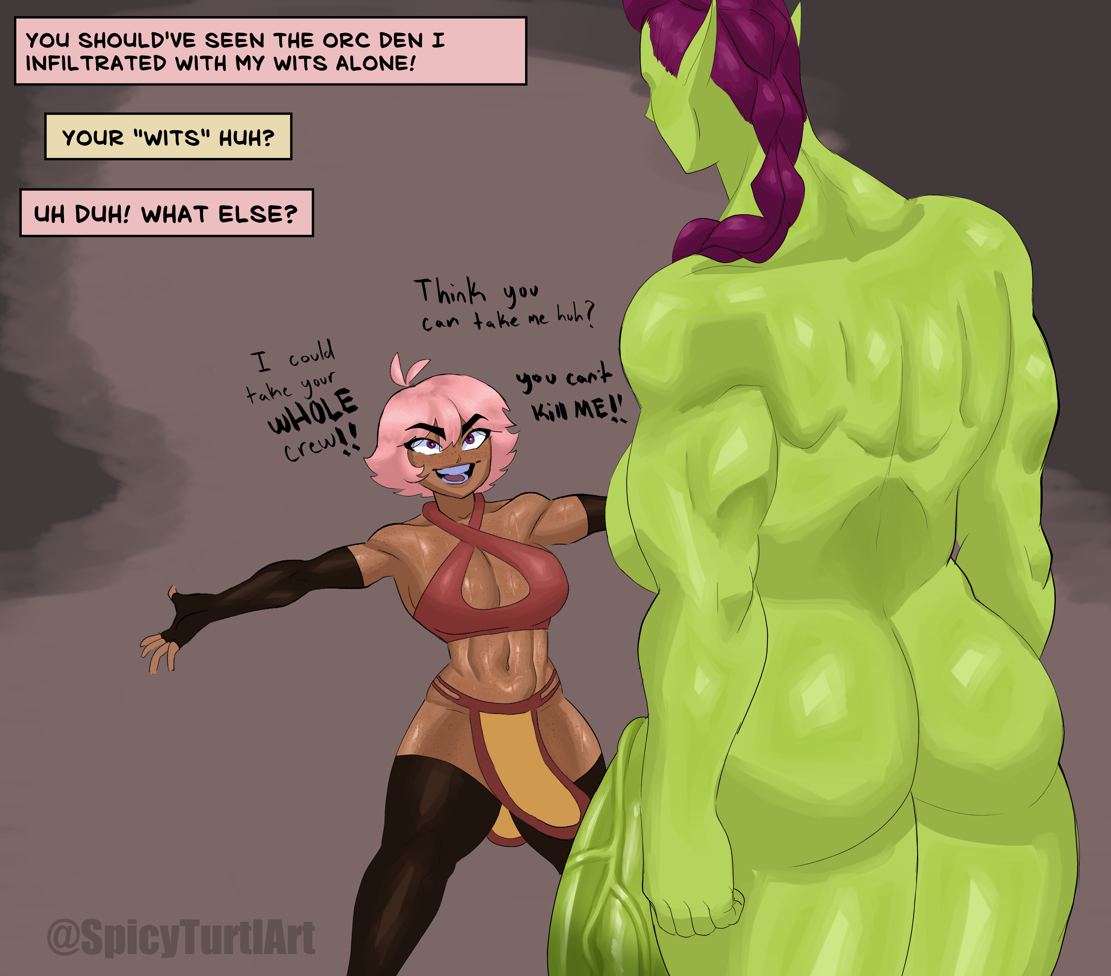 1futa, 1girls, arm gloves, ass, boob window, braided hair, braided ponytail, breasts, cleavage, clothed female nude futa, dark skin, dark-skinned female, dialogue, elbow gloves, english text, female, female orc, freckles, futa on female, futa with female, futanari, green skin, halterneck, huge penis, imminent rape, intersex, jenny the adventurer, larger futa, loincloth, looking at another, medium breasts, orc, orc futa, penis, pink hair, purple eyes, purple hair, rape, size difference, smaller female, spicyturtlart, tan skin, tan skinned female, thigh squish, thighhighs