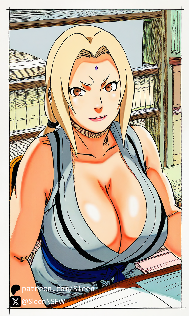 1girls, ai generated, big breasts, breasts, breasts bigger than head, busty, cleavage, clothed, clothed female, clothing, desk, eye contact, female, female only, huge breasts, looking at viewer, mature female, milf, naruto, naruto (series), naruto shippuden, office, sleen, smile, smiling, smiling at viewer, tsunade, voluptuous, voluptuous female