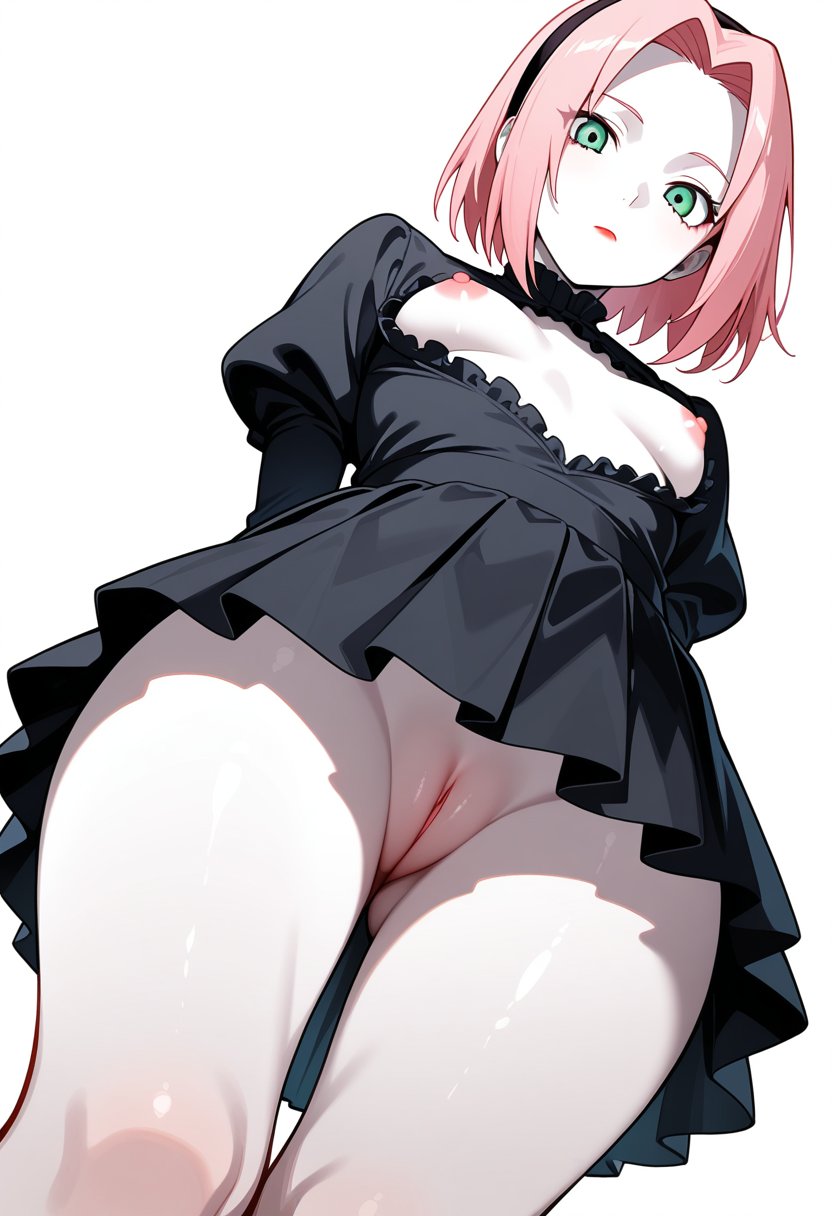 1girls, ai generated, arms behind back, black shirt, black skirt, breasts, female, female only, from below, looking at viewer, naruto, naruto (classic), naruto (series), nipples, piercing eyes, pink hair, pussy, sakura haruno, small breasts, solo, triniseminator, white skin