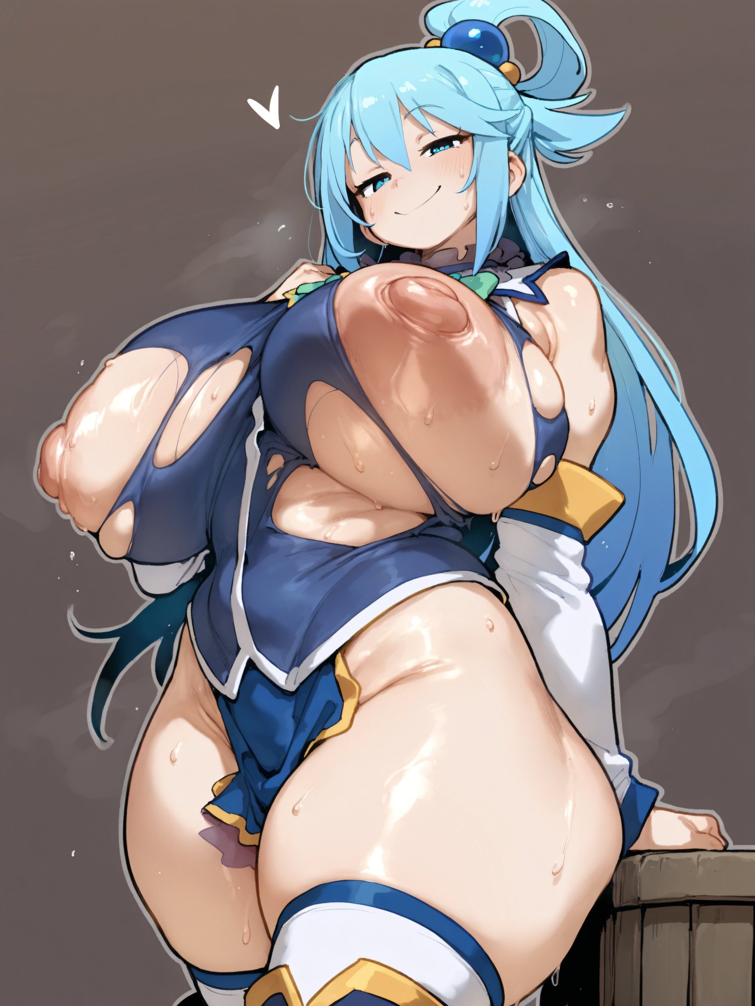 1girls, ai generated, alternate breast size, aqua (konosuba), areolae, bare thighs, blue eyes, blue hair, breasts, breasts out, female, female only, gigantic breasts, goddess, hair bun, huge areolae, huge breasts, huge nipples, huge thighs, hyper breasts, kono subarashii sekai ni shukufuku wo!, light skin, light-skinned female, long hair, looking at viewer, massive breasts, nipples, oatmealdood, oiled body, oiled skin, puffy nipples, ripped clothing, smiling, solo, solo female, squatting, sweat, sweatdrop, thick body, thick female, thick thighs, thighs, voluptuous, voluptuous female
